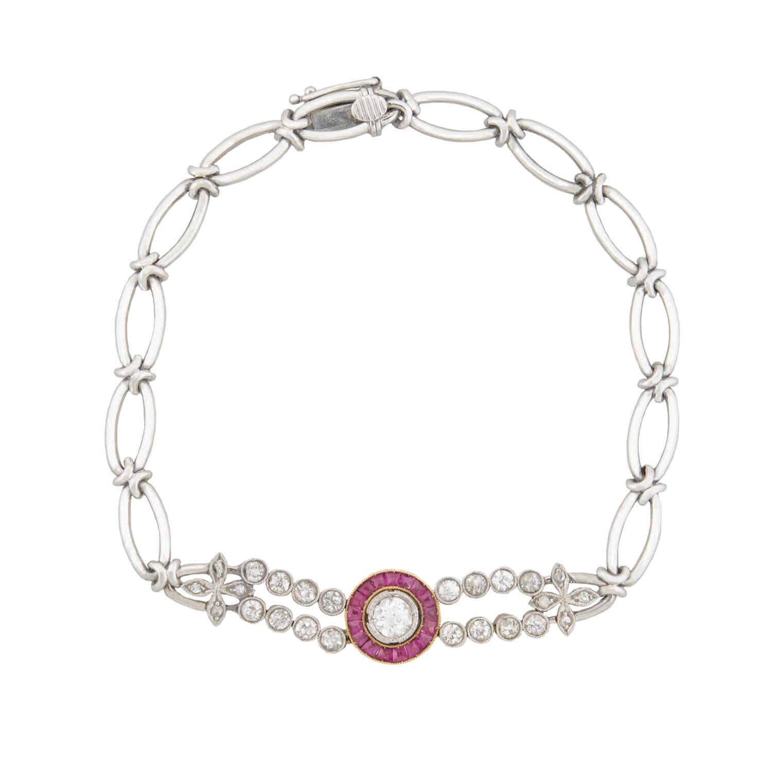 Edwardian 18k Gold/Platinum Diamond & Ruby Halo Bracelet - Vintage Jewelry for Weddings, Anniversaries & Special Occasions