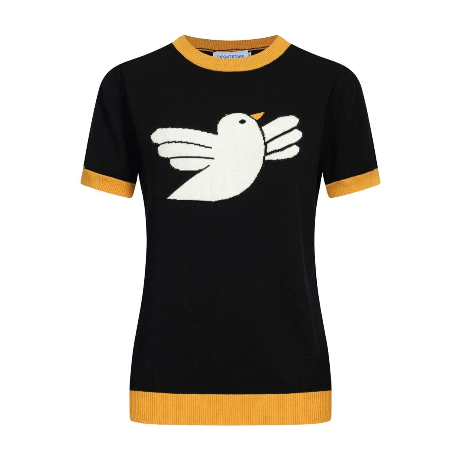 OXKnit Women's Vintage Black Short Sleeve Knitted T-Shirt - Casual Cotton Retro Pigeon Print Top for Everyday Wear, Date Night & Boho Outfits