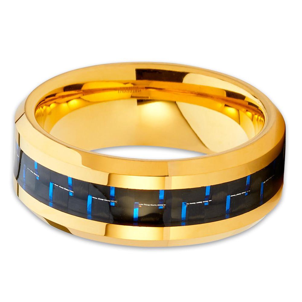 Yellow Gold Tungsten Wedding Ring for Men - 8mm Comfort Fit Carbon Fiber Band - 18k Gold Plated Anniversary Jewelry - Durable & Scratch Resistant - Perfect for Weddings, Engagements & Special Occasions