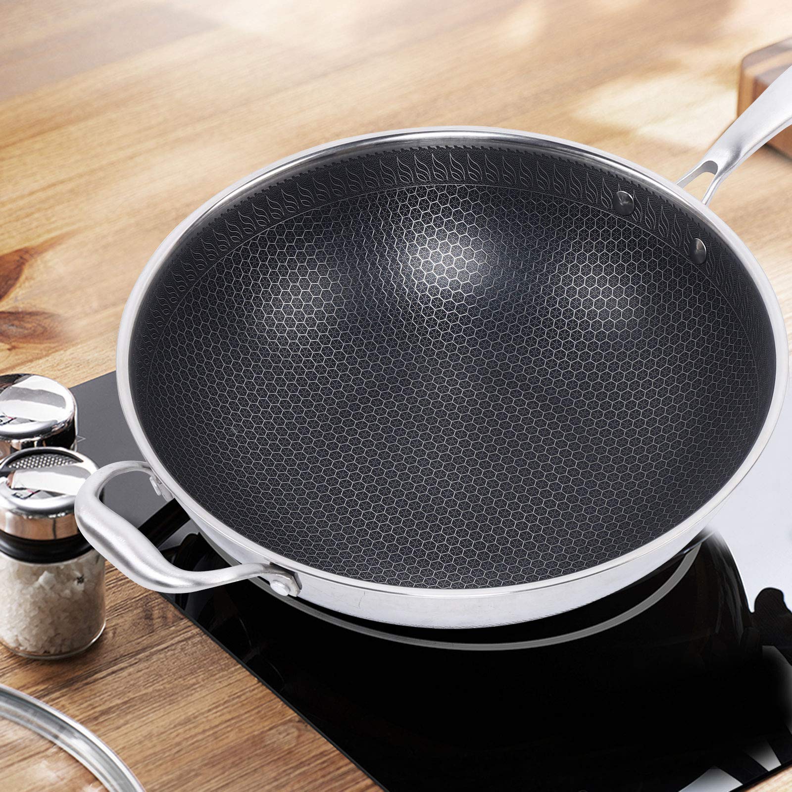 LOYALHEARTDY 34CM Stainless Steel Non Stick Frying Pan with Lid - Induction Compatible Wok for Gas, Ceramic & Electric Stoves - Perfect for Stir Fry, Sautéing & Asian Cooking