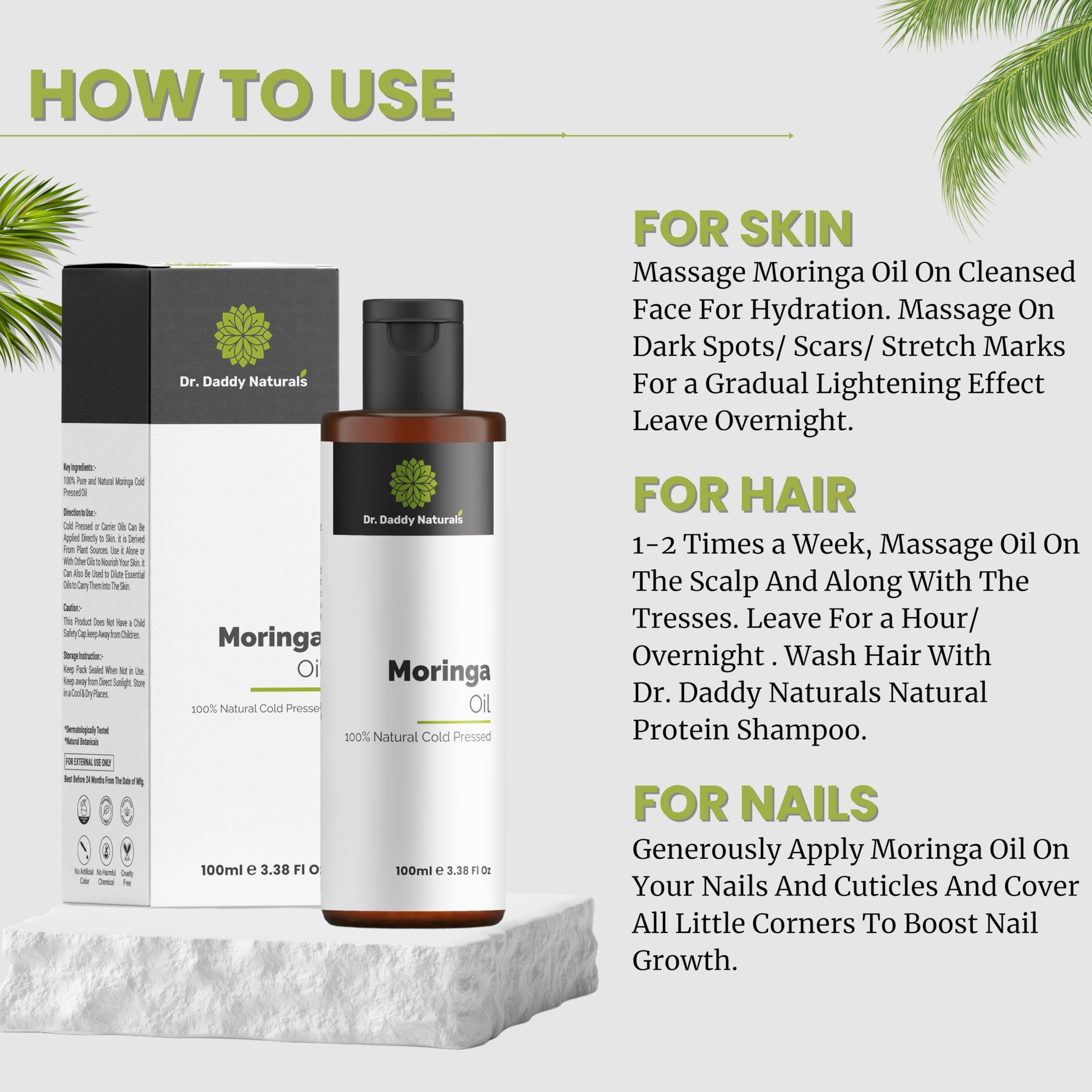 100% Cold Pressed Moringa Oil for Hair & Skin | Dr. Daddy Naturals Pure Moringa Oleifera (Behen Oil) | Deep Moisturizing & Hydrating Treatment for Shiny, Smooth Hair & Glowing Skin | 100ml | Perfect for Daily Hair Care & Facial Hydration Routine