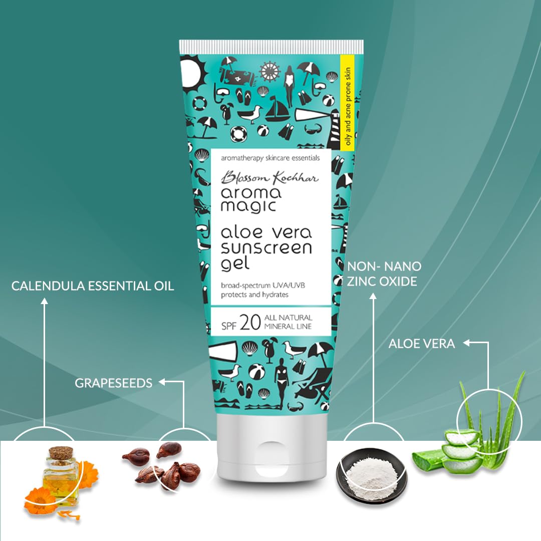 Aroma Magic Aloe Vera Sunscreen Gel SPF 20 - Broad Spectrum UVA/UVB Protection for Oily & Acne-Prone Skin | 100ml | Lightweight, Non-Greasy Formula for Daily Face & Body Sun Protection