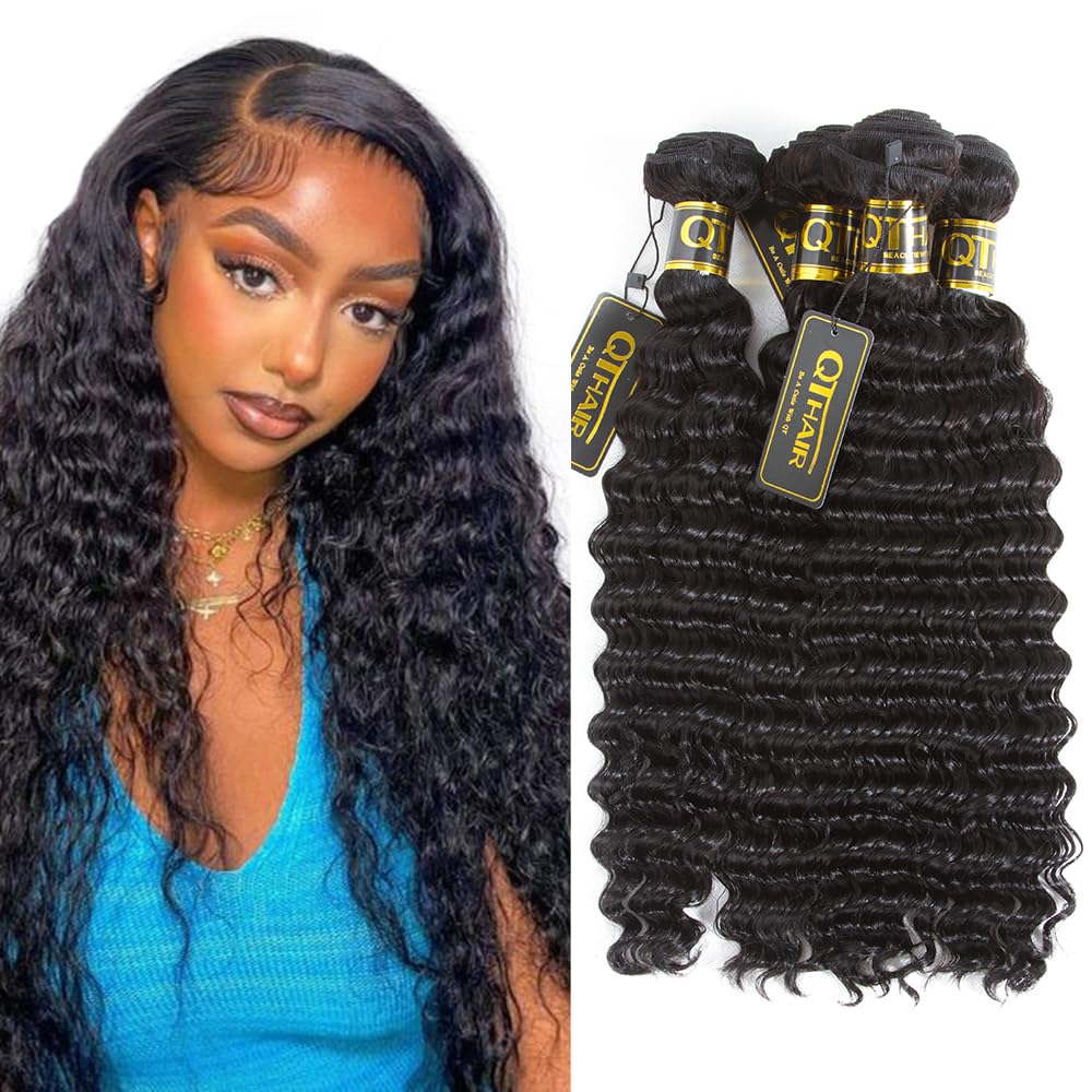 QTHAIR 10A Brazilian Virgin Hair Deep Wave Hair Extensions 20 22 24 26 Inch 300g Natural Black 100% Unprocessed Human Hair Bundles for Weaving, Styling & Protective Hairstyles - Perfect for Daily Wear, Parties & Special Occasions