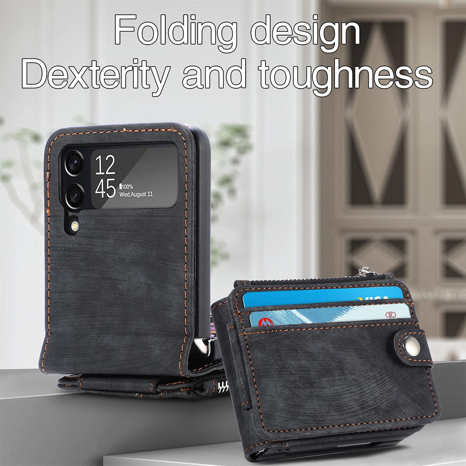 Premium Leather Wallet Case for Samsung Galaxy Z Flip 4 - Detachable Card Holder, Magnetic Kickstand & Shockproof Design | Slim Minimalist Front Pocket Wallet for Men & Women (Black) | Perfect for Everyday Carry, Travel & Business Use