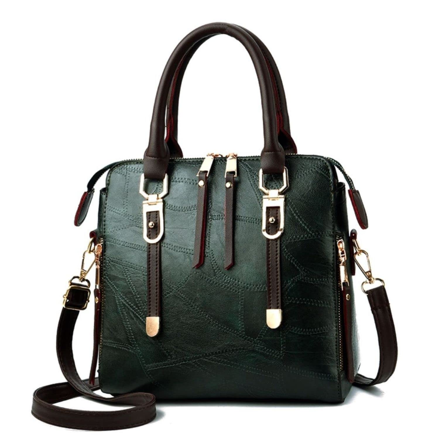 Stylish Women's Leather Tote Shoulder Bag with Tassel - Green & Brown Crossbody Handbag for Work, Travel & Everyday Use | Fashionable Satchel Purse with Handle