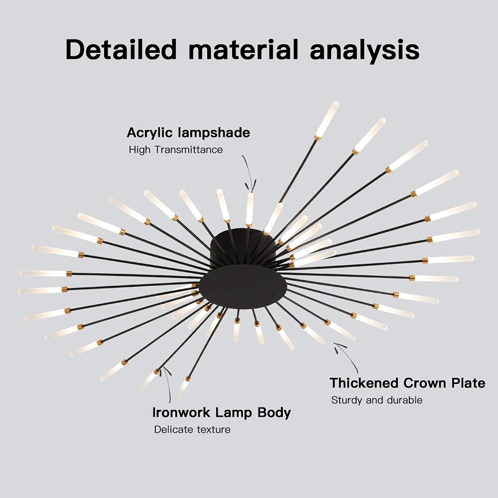 Modern Flower Shape LED Ceiling Light - Flush Mount Sputnik Firework Petal Design - Matte Black Metal & Acrylic Lighting Fixture with 42 Lights - Perfect for Living Room, Dining Room, Bedroom Decor - Energy Saving Home Lighting Solution for Modern Interior Design