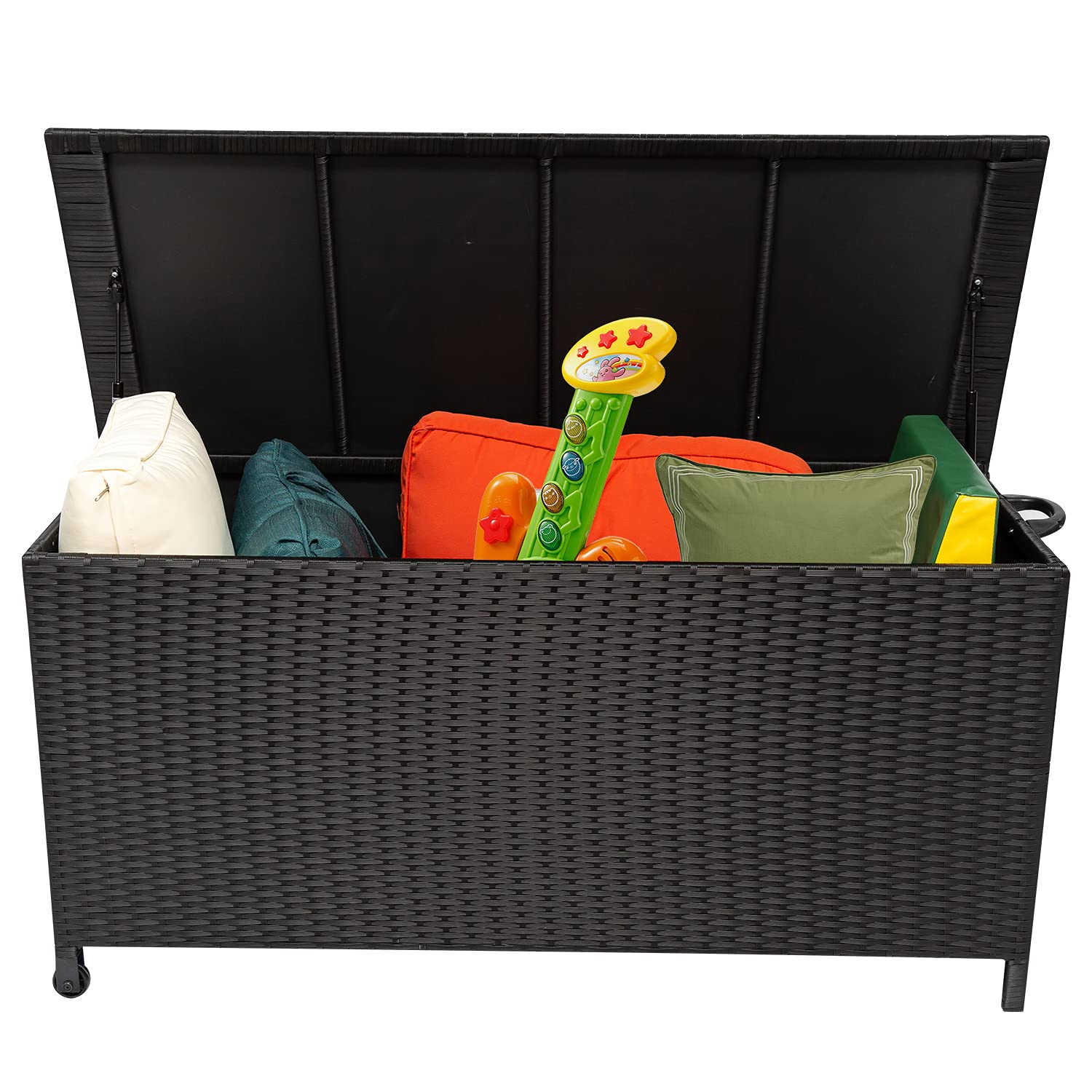 120 Gallon Outdoor Deck Box Storage Container - Rattan Wicker Patio Storage with Wheels & Handles for Furniture Cushions, Garden Tools, Pool Toys | Weatherproof Deck Box for Backyard, Patio, Poolside (Black)