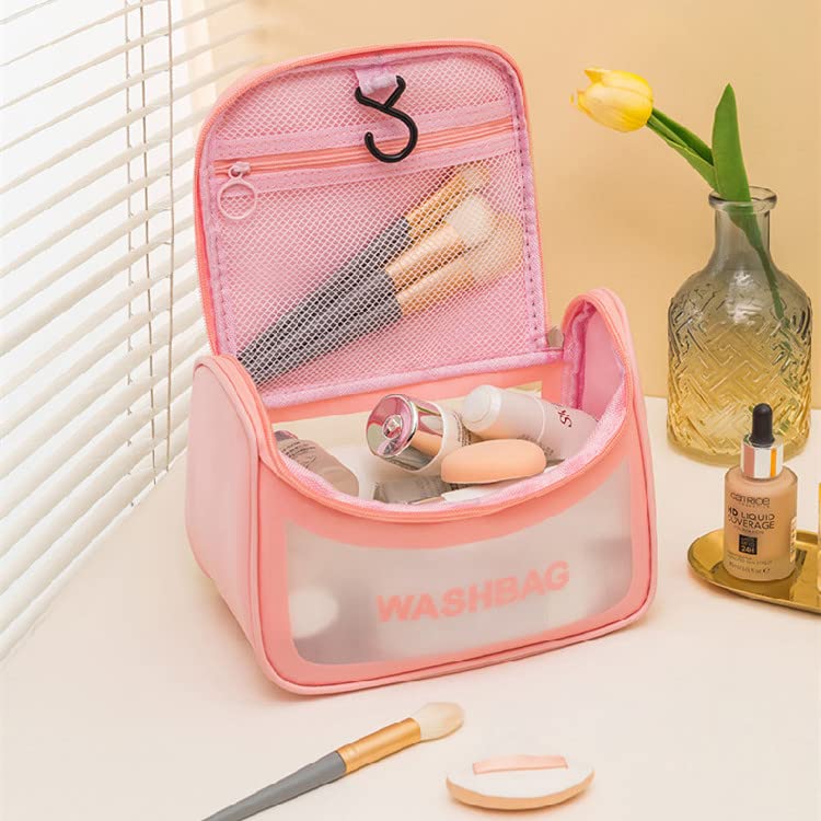Trendegic Clear PVC Zipper Cosmetic Travel Wash Bag - Waterproof Toiletry & Makeup Organizer for Women & Girls - Portable Carry Case for Cosmetics, Skincare, Jewelry (Pink) - Perfect for Travel, Gym, Camping & Daily Use