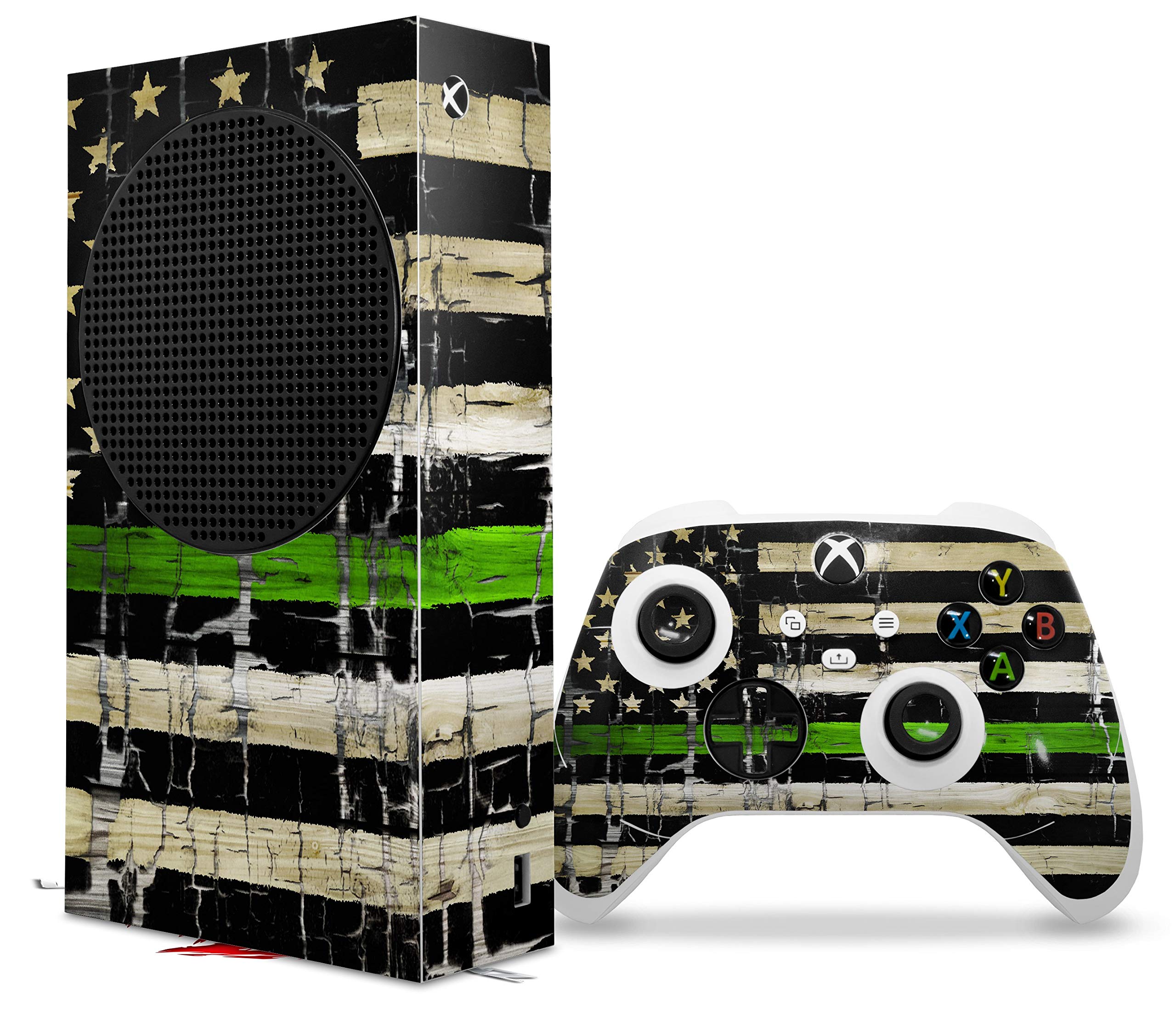 XBOX Series S Console & Controller Vinyl Wrap - WraptorSkinz Skin Decal in Faded Cracked Green Line USA Flag Design | Protective Custom Cover for Gaming Setup | Perfect for Gamers, Collectors & Patriotic Decor