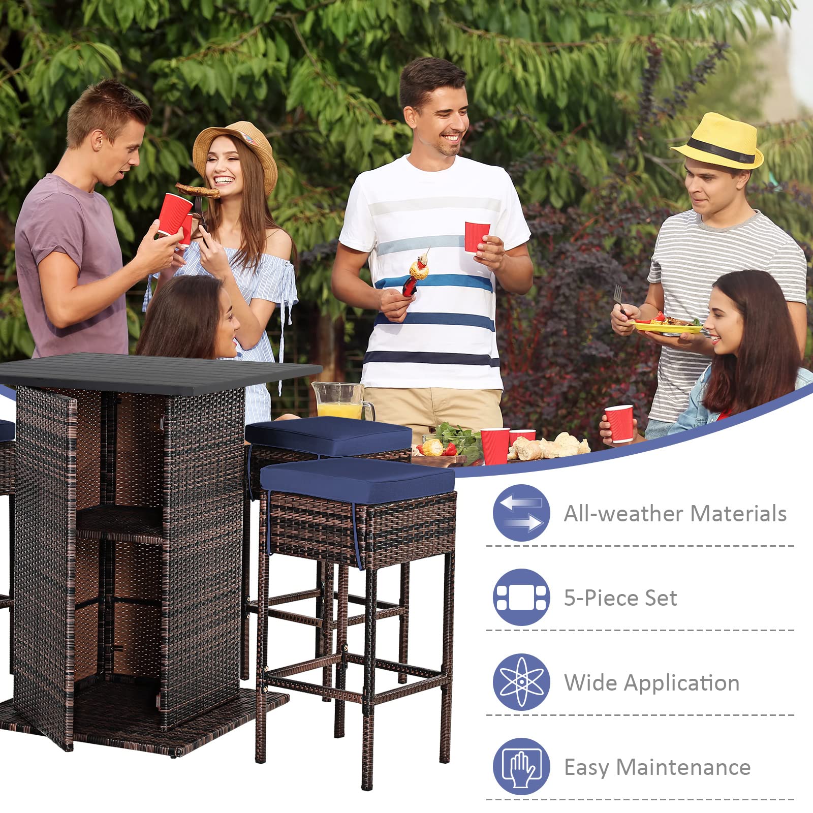 Tangkula 5-Piece Outdoor Rattan Bar Set with 4 Cushioned Stools & Storage Table - Navy Blue Patio Furniture for Poolside, Backyard, Lawn, Garden & Outdoor Entertaining
