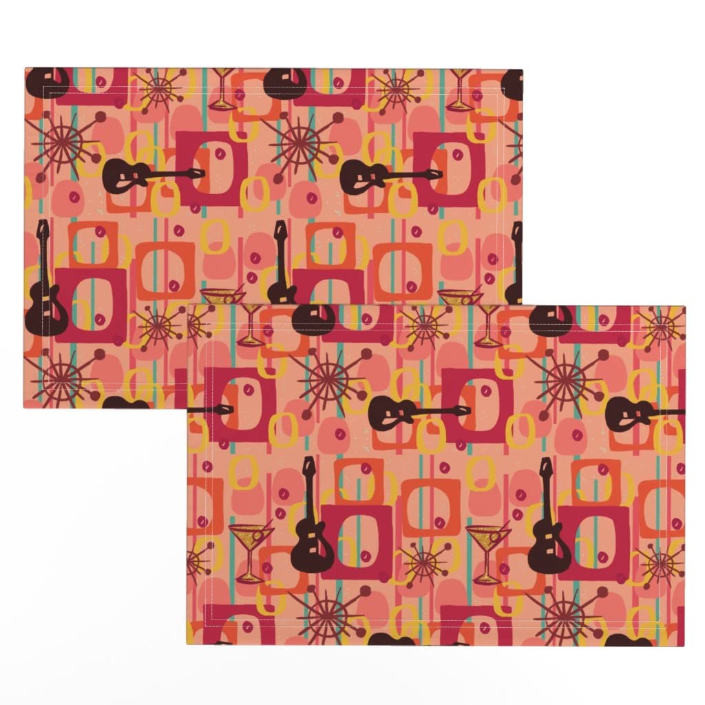 Premium Linen Cotton Canvas Placemats Set of 2 - Mid Century Retro Red & Pink Vintage Guitar Print | Washable Table Mats for Dining, Cocktail Parties & Home Decor