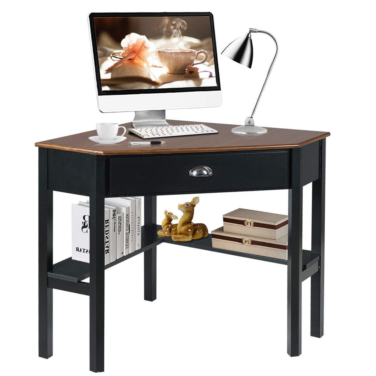 Compact Corner Desk for Home Office - 90° Triangle Computer & Laptop Writing Desk with Storage Shelf & Drawer - Space-Saving Small Office Furniture for Apartments & Dorm Rooms (Coffee Finish)