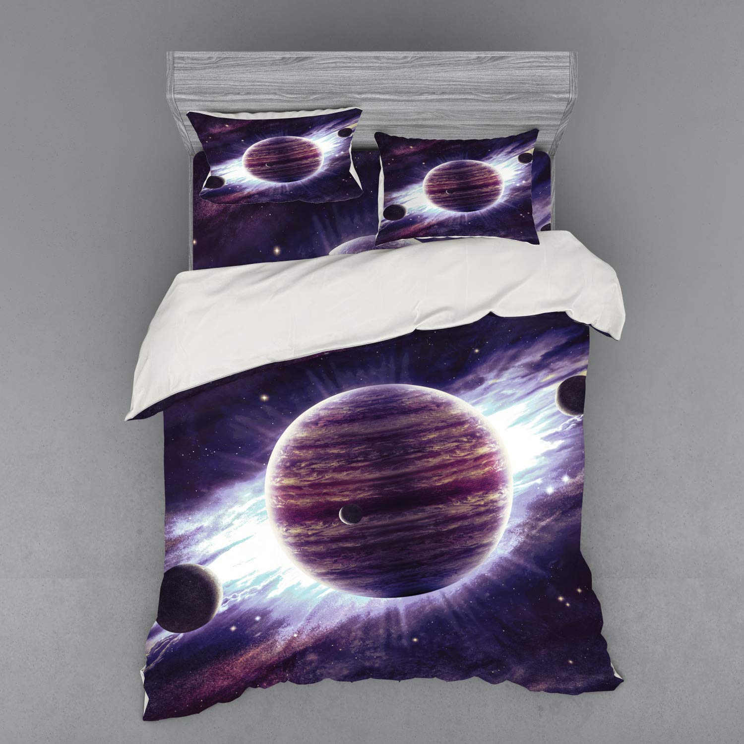 Ambesonne Galaxy Bedding Set Queen Size - 4 Piece Outer Space Duvet Cover with Shams & Fitted Sheet, Solar System Planets Saturn Mars Neptune Sci-Fi Print in Mauve Purple - Perfect for Astronomy Lovers, Kids Room Decor & Unique Gift Idea