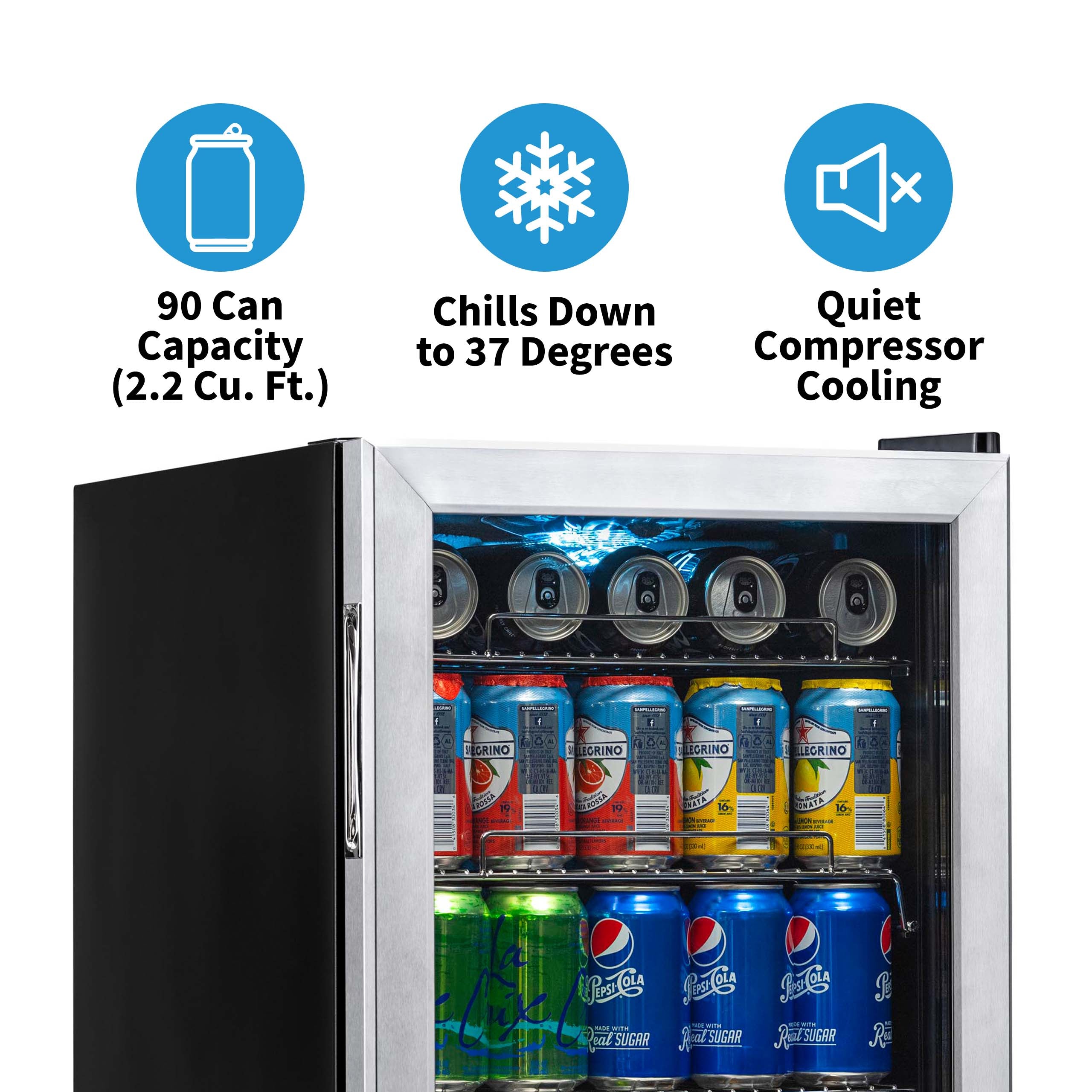 Newair® 90 Can Freestanding Stainless Steel Beverage Refrigerator - Perfect for Home Bars, Offices, and Game Rooms - Keep Drinks Cold and Organized