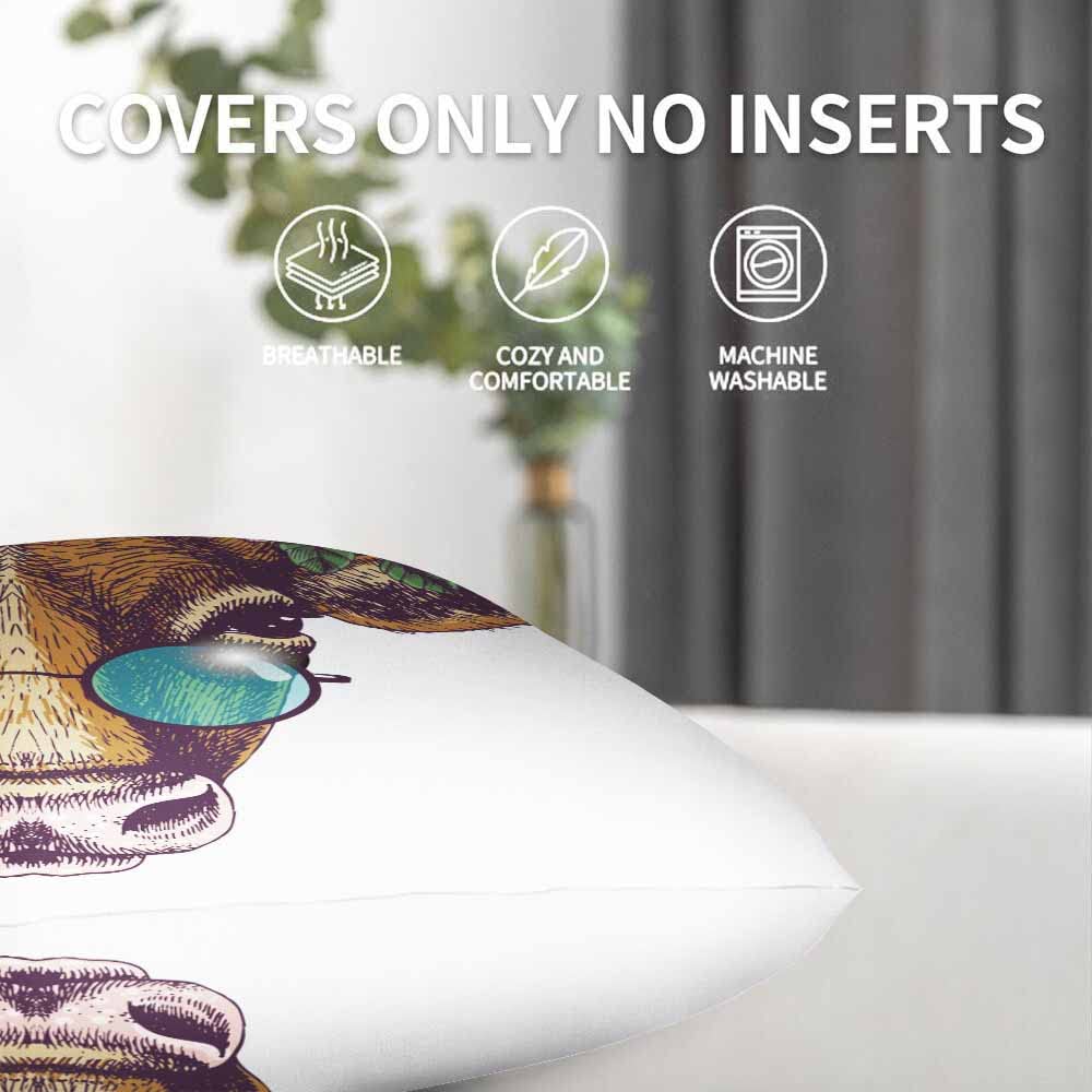Fashion Cow with Rose Floral Green Leaves Wreath & Sunglasses Throw Pillow Covers - Set of 2 Square Decorative Cushion Covers 18x18 Inch for Sofa, Bed, Living Room - Perfect Home Decor for Men & Women