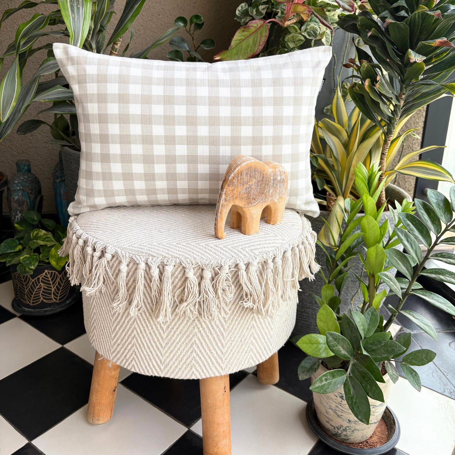 Beige Cotton Lumbar Pillow Cover - Grid Loom Woven Decorative Cushion Case for Sofa, Bed & Home Decor (18x12 Inches) - Neutral Home Accent for Living Room, Office & Nursery
