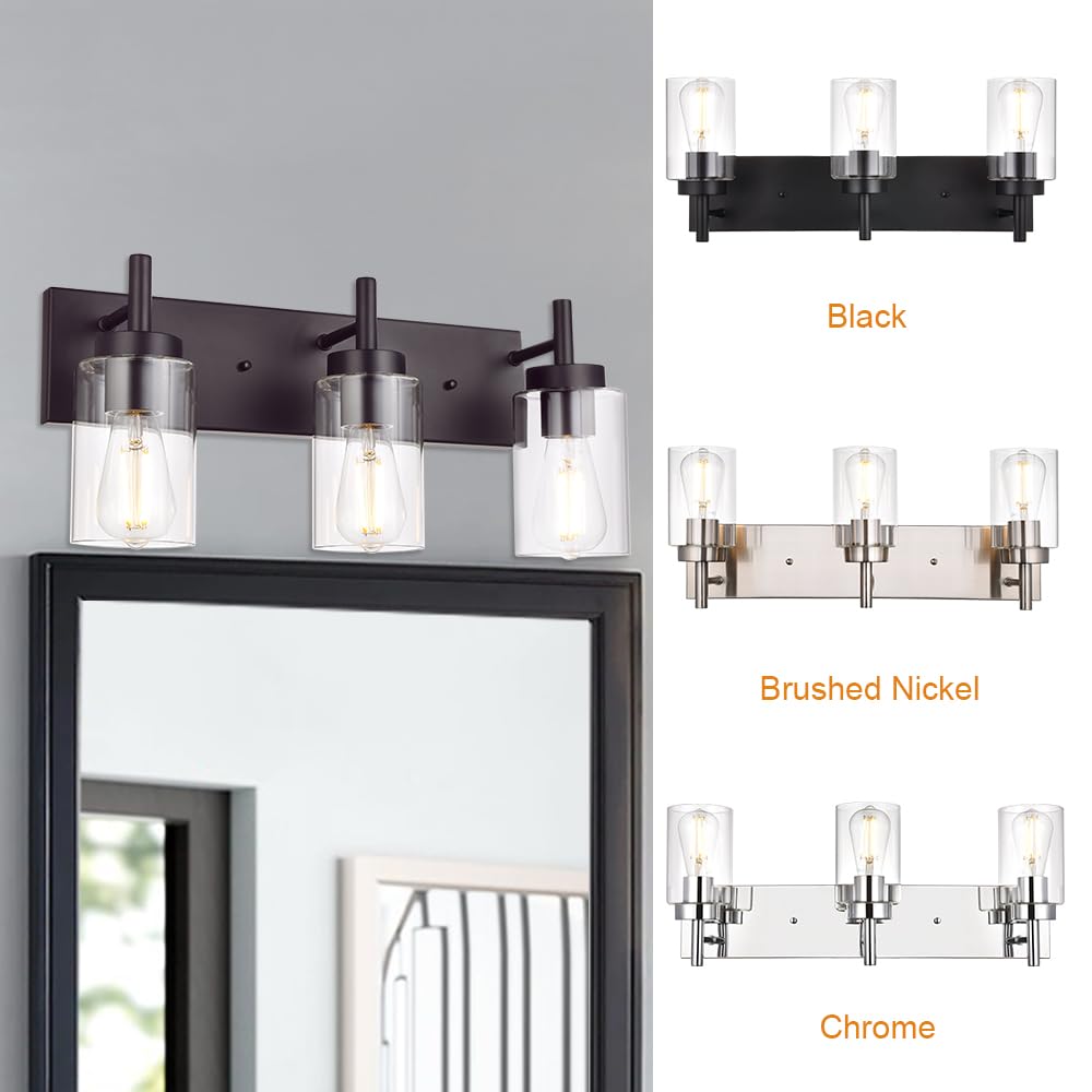 VINLUZ Oil Rubbed Bronze 3-Light Vanity Bathroom Wall Sconce - Rustic Vintage Lighting Fixture with Clear Glass Shade - Perfect for Bathroom, Bedroom, Porch & Entryway (Patent No.: US D958,438 S)