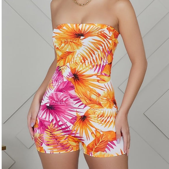 Stylish Tropical Orange & Pink Romper Set for Women - Summer Beach Outfit, Vacation Wear, Casual Party Dress