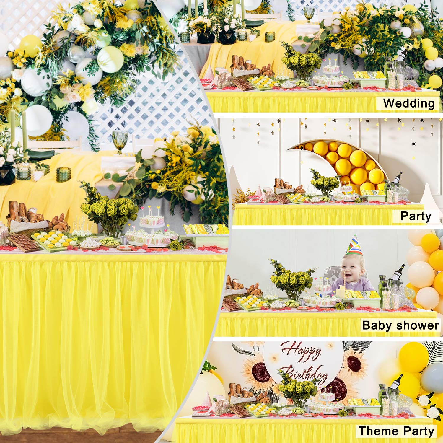 Suppromo Yellow Tulle Table Skirt - 6ft Ruffle Tutu Tablecloth for Rectangle & Round Tables | Perfect for Sunflower Birthday Parties, Lemonade Stands, Baby Showers, Wedding Cake & Dessert Table Decorations | Ideal for Indoor & Outdoor Events
