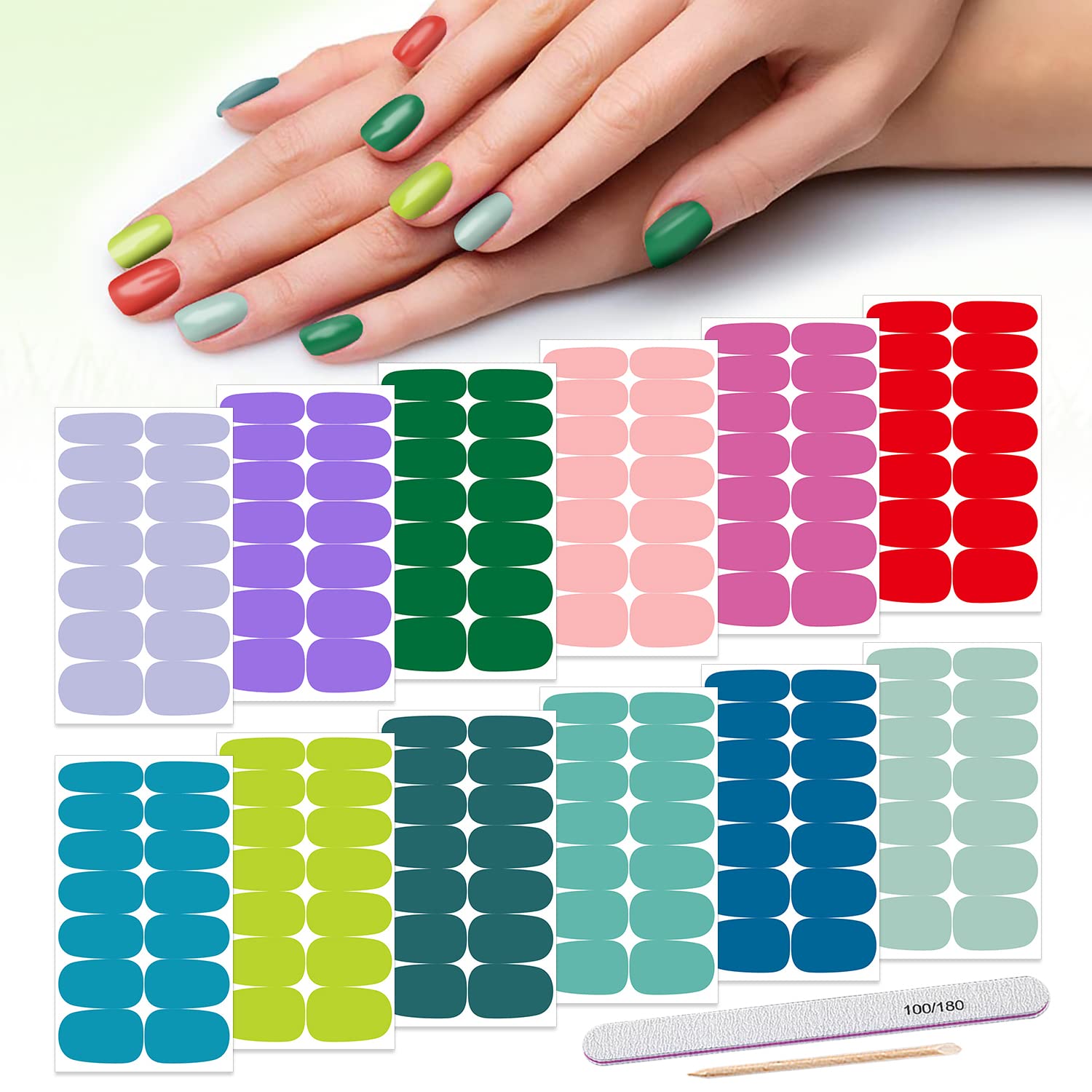 DANNEASY 12 Sheets Solid Color Spring Nail Polish Strips - Self Adhesive Nail Wraps & Stickers for Women & Girls - Includes 1 Nail File & Cuticle Stick - Perfect for Home Manicures, Parties & Nail Art Designs