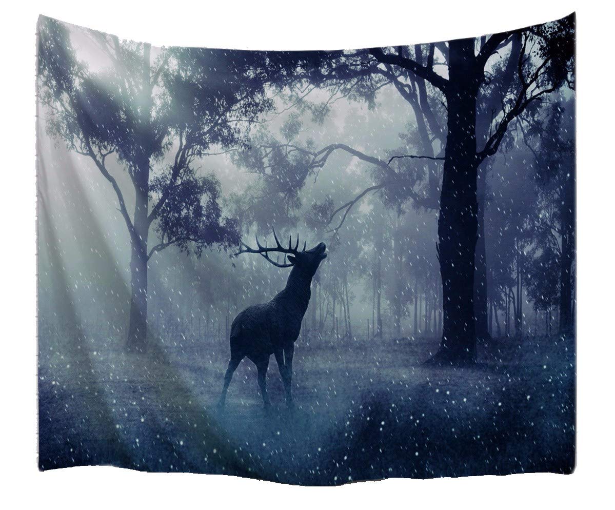 Psychedelic Nature Scenery Print Fabric - Elk Deer in Enchanted Forest at Dusk Tapestry | Bohemian Wall Hanging, Room Divider Curtain & Dorm Bedspread | Perfect for Hippie Decor, Bedroom Aesthetics & Boho Chic Living Spaces