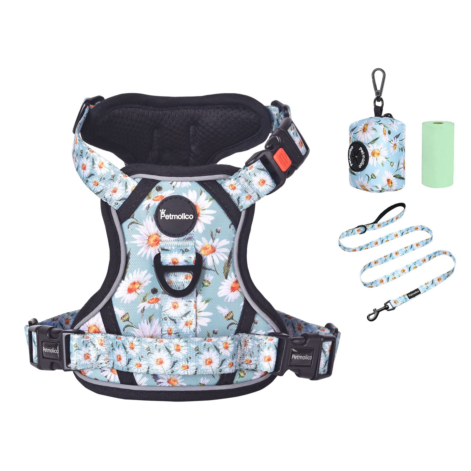 Petmolico No Pull Dog Harness Set with Leash - Reflective Adjustable Vest for Small & Medium Breeds, Puppy Control Handle & Poop Bag Holder - Perfect for Walking, Training & Outdoor Adventures (Medium, Daisy)