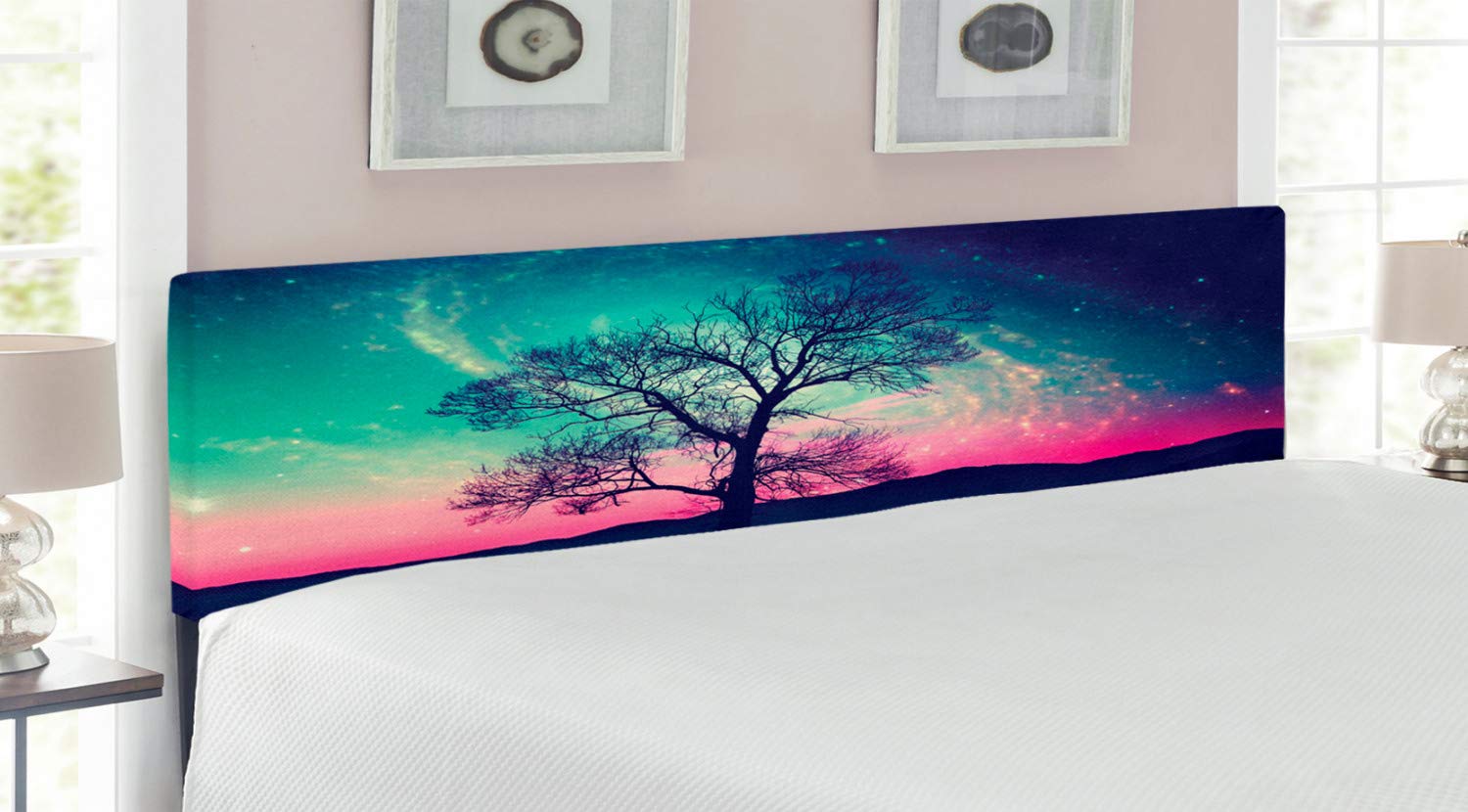 Ambesonne Galaxy Headboard - Vibrant Stars, Space Cosmic, Aurora Borealis Design - Upholstered Decorative Metal Bed Headboard with Memory Foam - King Size - Pink Aqua Dark Blue - Perfect for Bedroom Decor & Space-Themed Room Design