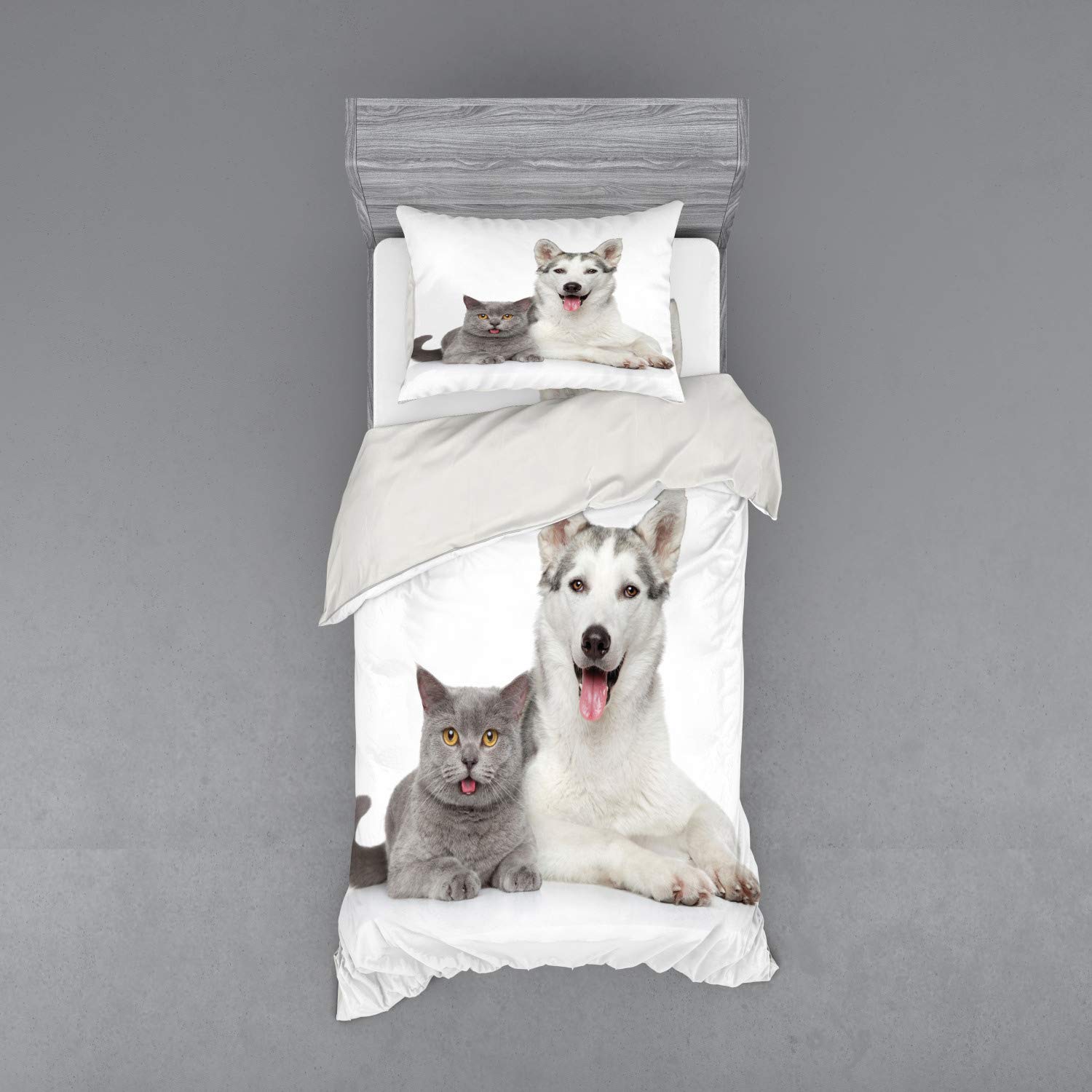 Ambesonne Cat and Dog Duvet Cover Set - 3 Piece Twin XL Size, White & Grey Animal Print Bedding with Pillow Sham & Fitted Sheet - Cozy Pet Lover's Bedroom Decor for Kids Rooms, Guest Bedrooms & Dorm Essentials