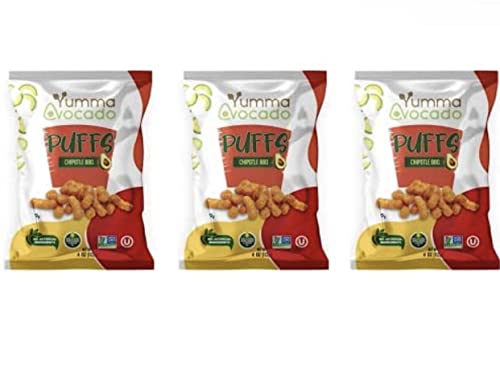 Yumma Avocado Puffs - 4oz Bags | Vegan, Gluten-Free, Non-GMO Snacks Made with Real Avocados & Avocado Oil | Kosher Certified | Plant-Based Chips with No Artificial Ingredients | 3-Pack (Chipotle BBQ Flavor) | Perfect for Parties, School Lunches & Healthy Snacking On-The-Go