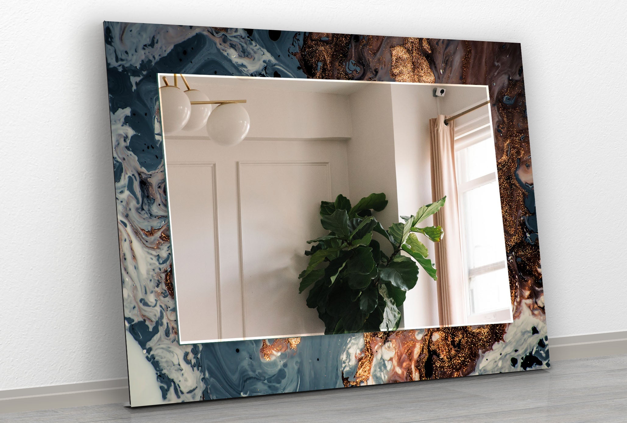 Blue Abstract Wall Mirror with Bronze Details - Modern Decorative Mirror for Living Room, Bedroom, or Entryway
