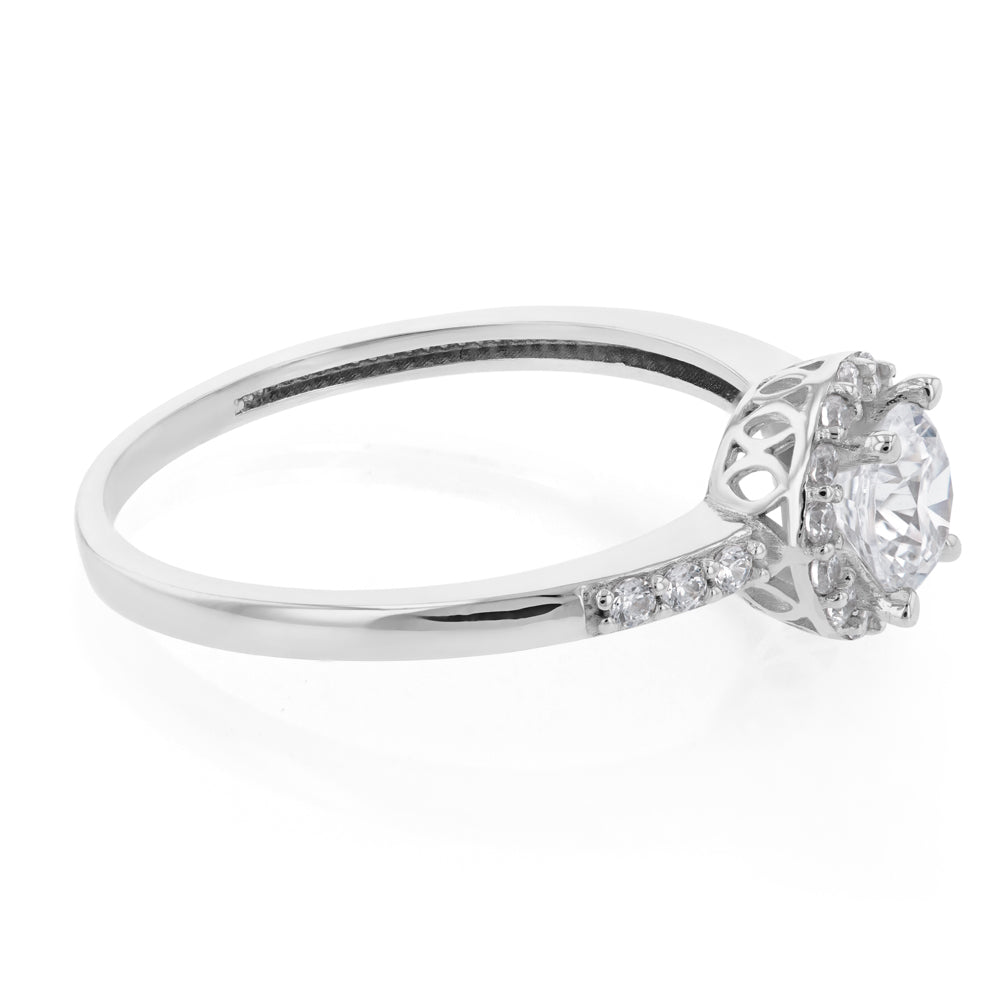 9ct White Gold Zirconia Halo Ring for Women - Elegant Cubic Zirconia Engagement & Wedding Band - Perfect for Proposals, Anniversaries, and Special Occasions