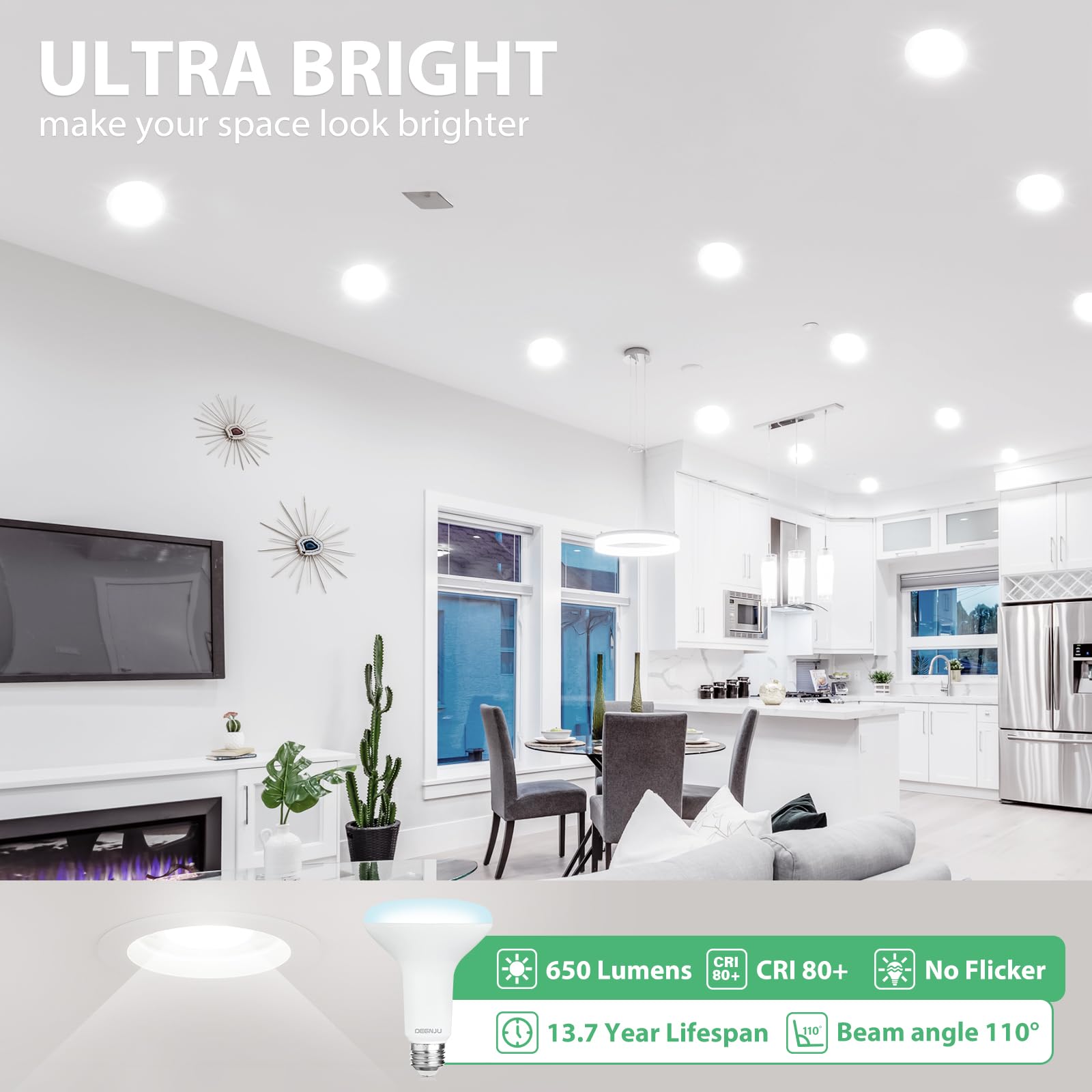 BR30 LED Bulb 6-Pack - Dimmable 7W (65W Equivalent) 5000K Daylight Flood Lights, 650 Lumens, CRI80, E26 Base - 15,000 Hours Lifespan for Recessed Can Lighting | Perfect for Kitchens, Living Rooms & Office Spaces