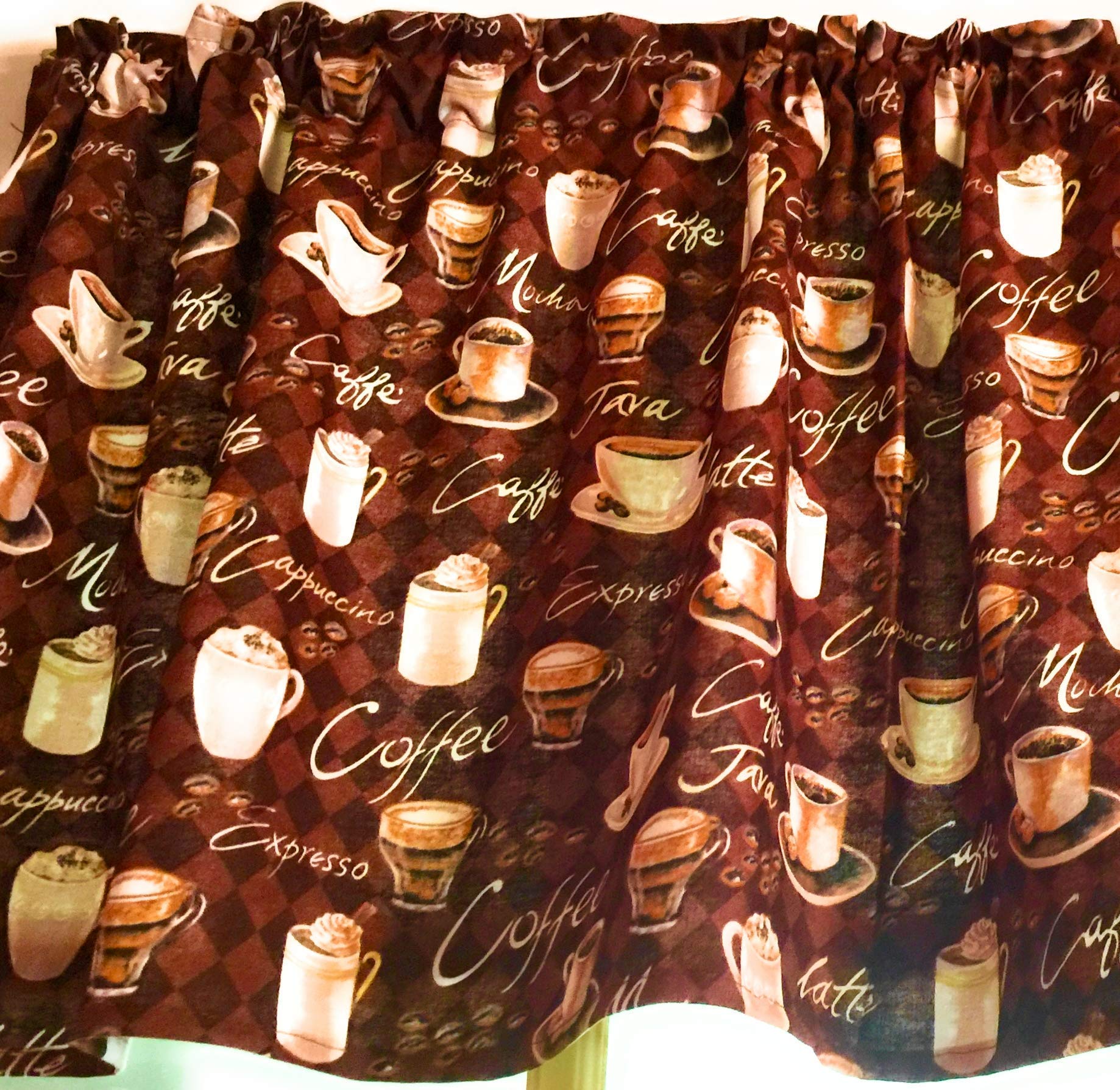 Premium Cotton Coffee Cups Valance Window Curtain - 43 Inch Wide x 15 Inch Long for Kitchen & Cafe Decor - Perfect for Coffee Shops, Breakfast Nooks & Farmhouse Style Kitchens