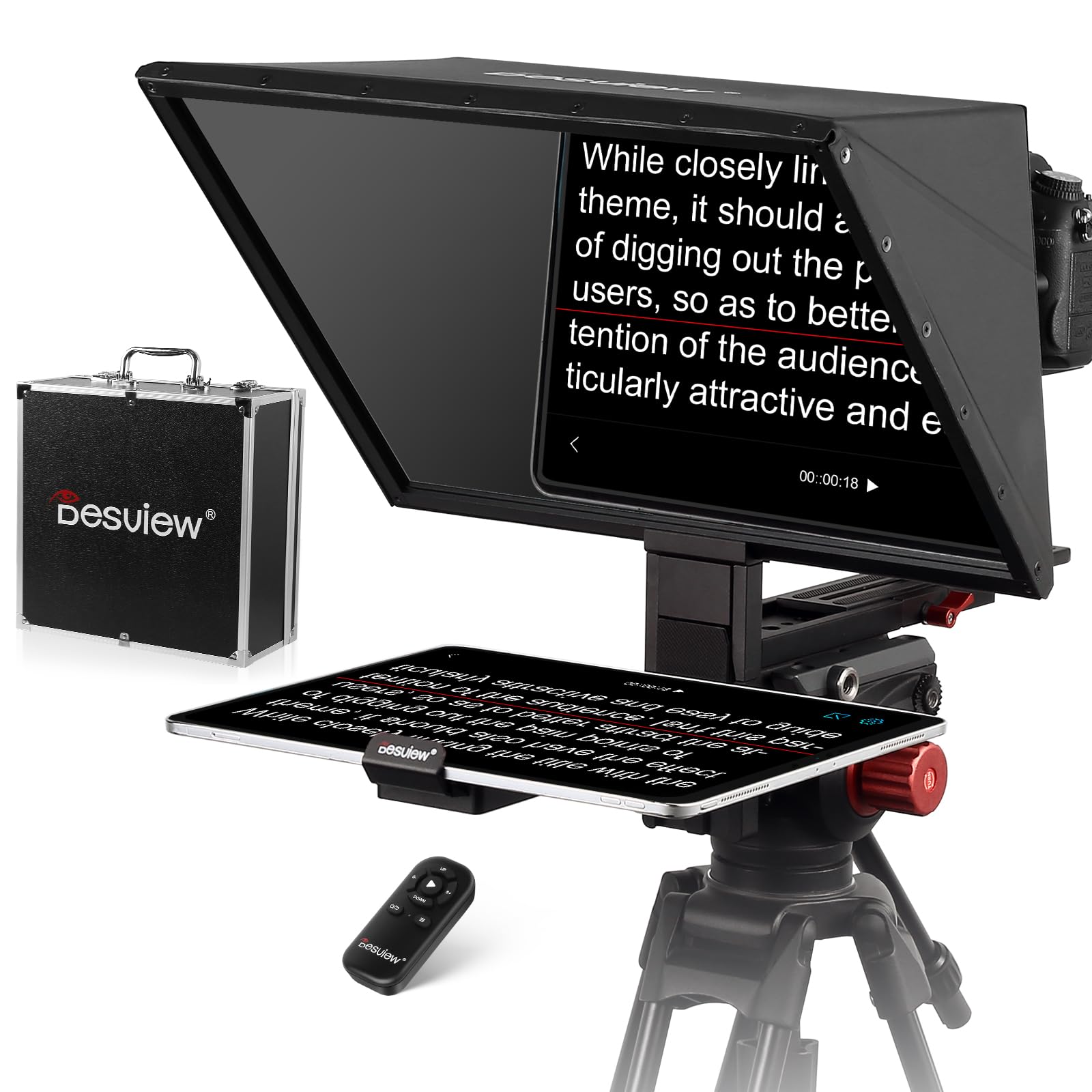 Desview TP170 17-Inch Professional Teleprompter with High Clarity Glass, Aluminum Alloy Adjustable Stand & Remote Control - Compatible with iPad, DSLR, Camcorders - Easy Setup with Carrying Case for Video Production, Live Streaming, YouTube Content Creation & Professional Presentations