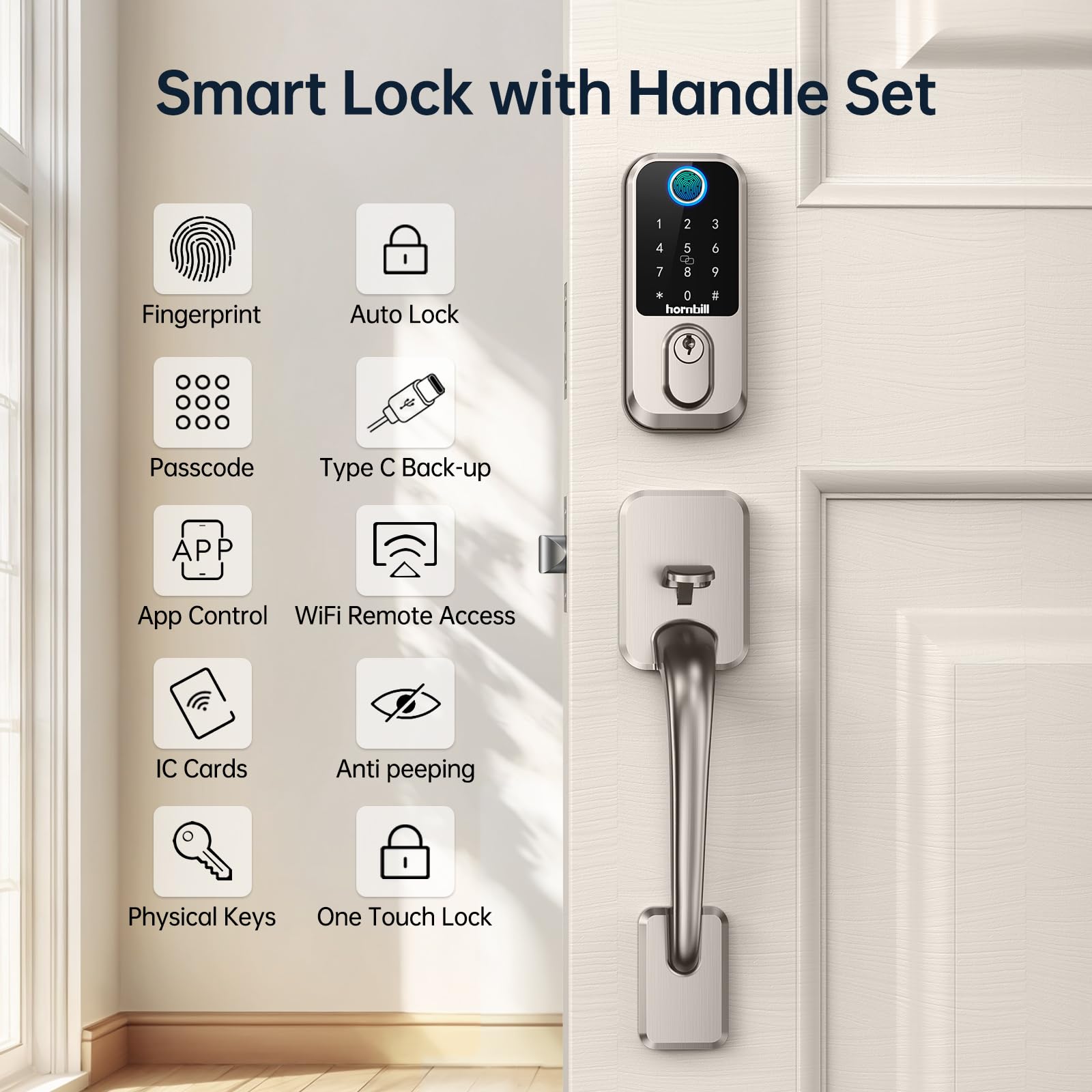 WiFi Fingerprint Smart Door Lock - Keyless Entry Deadbolt with Handle, Biometric Bluetooth Keypad Lock for Front Door & Entry Door - Satin Nickel Finish | Secure Home, Office & Vacation Rental Access