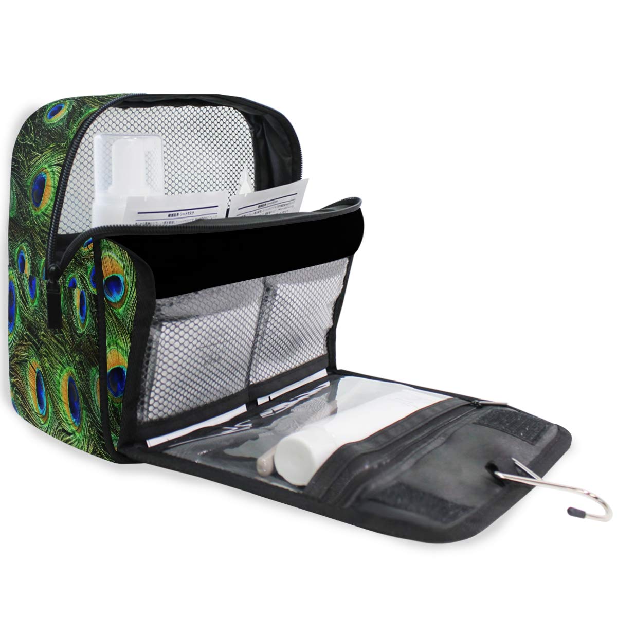 RXYY Hanging Travel Toiletry Bag - Peacock Feather Print Cosmetic Organizer for Women & Girls | Portable Foldable Bathroom & Gym Wash Bag | Perfect for Travel, Camping & Daily Use