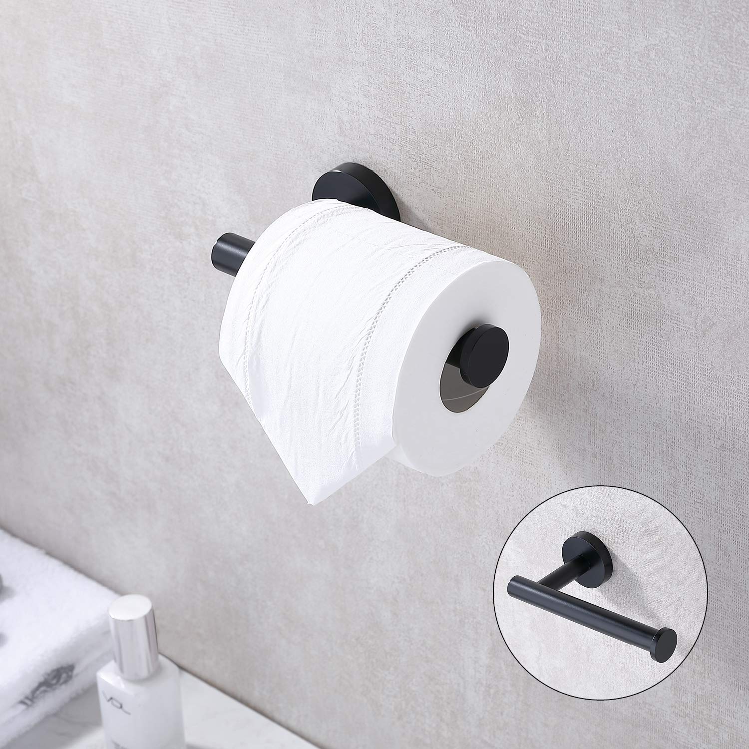 TASTOS Matte Black Toilet Paper Holder - SUS304 Stainless Steel Wall Mounted Bathroom Tissue Roll Dispenser - 5 Inch Modern Round TP Holder for Kitchen, Washroom & Restroom - Durable & Stylish Bathroom Accessory for Home & Office Use