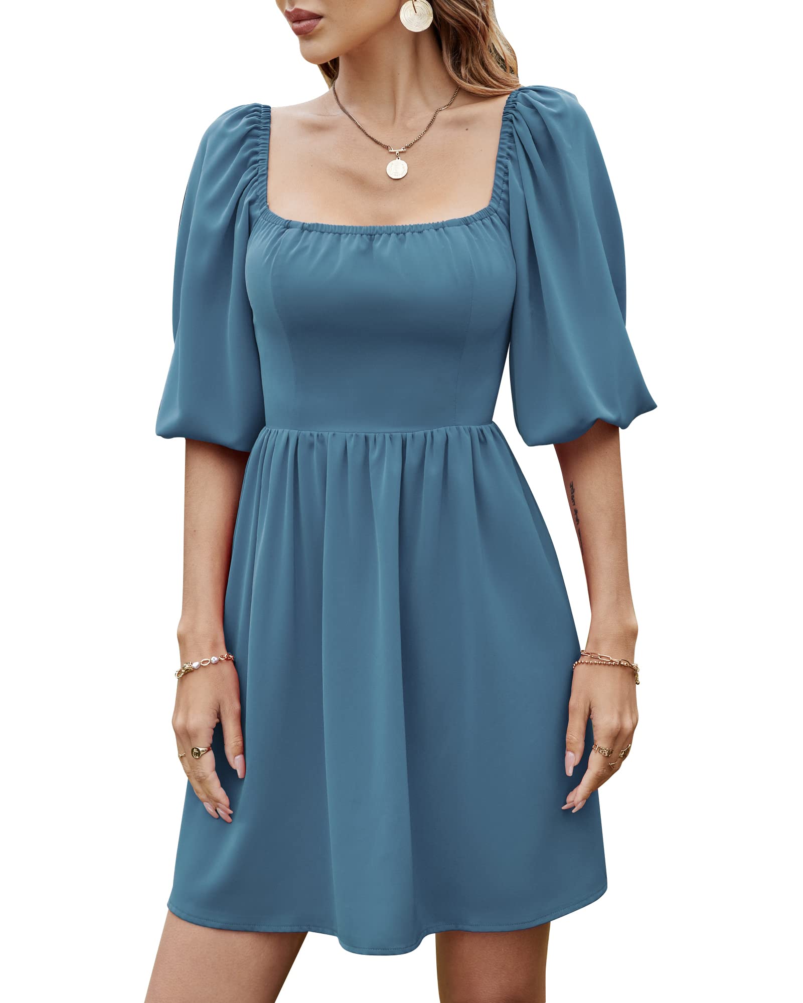 Women's Square Neck Short Mini Dress - Flowy A-Line Babydoll Style with Half Puff Sleeves | Spring Summer Casual Dress for Beach, Date Night & Vacation