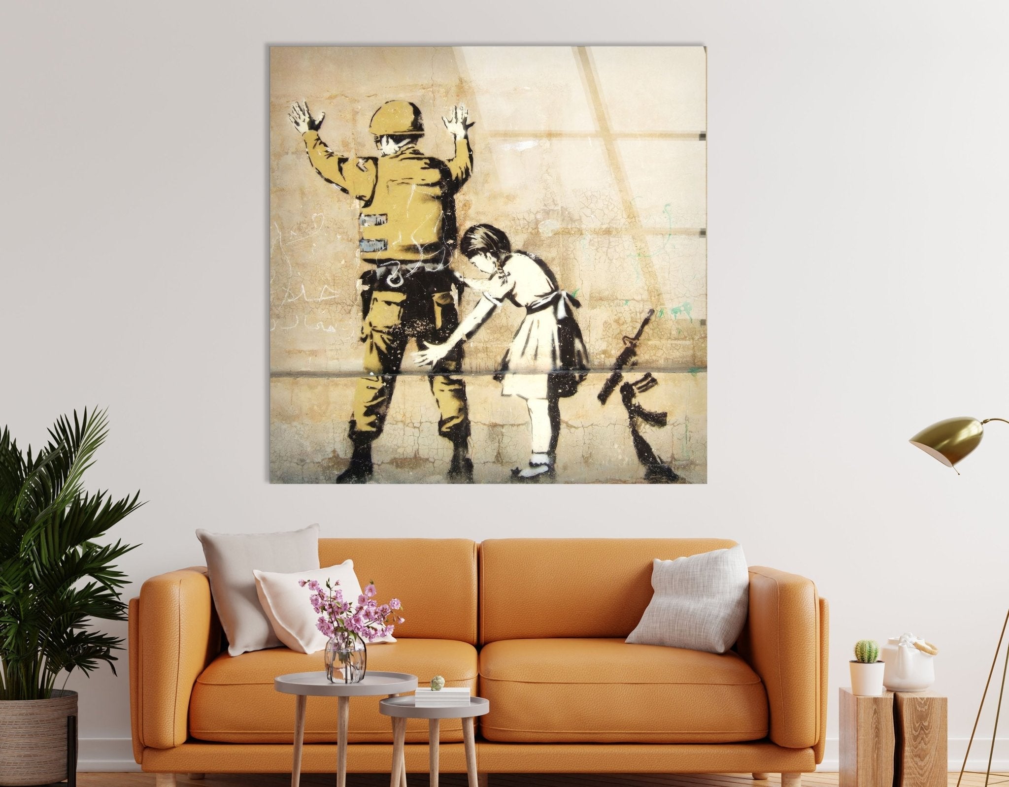 Banksy Girl Frisking Soldier Glass Wall Art - Stunning Home Decor for Living Room, Office & Gifts | Modern Framed Glass Print