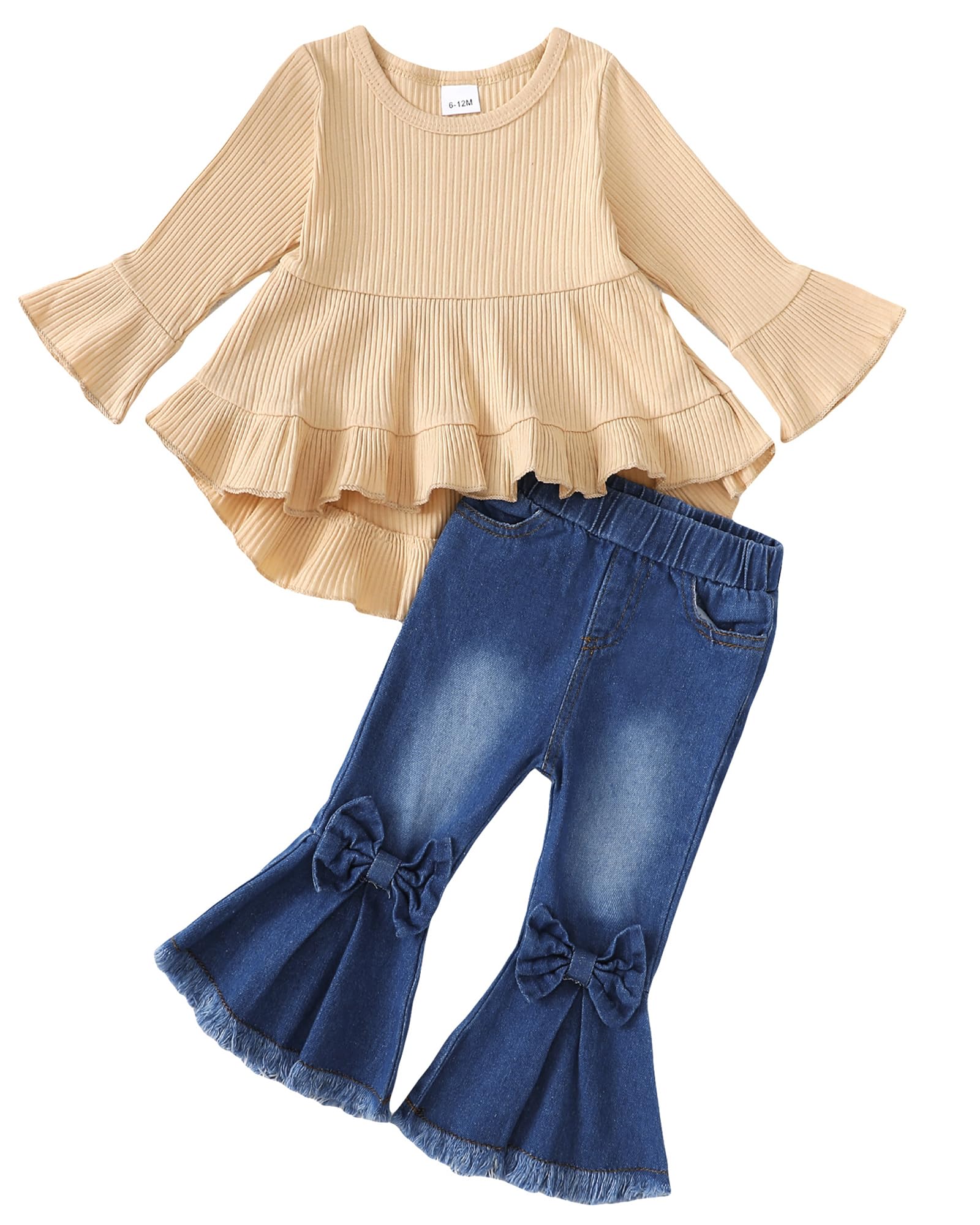 Cute Toddler Baby Girls Outfit - Long Sleeve Shirt & Flare Denim Jeans Set for Fall Winter | Casual Playdate & Family Photo Outfits