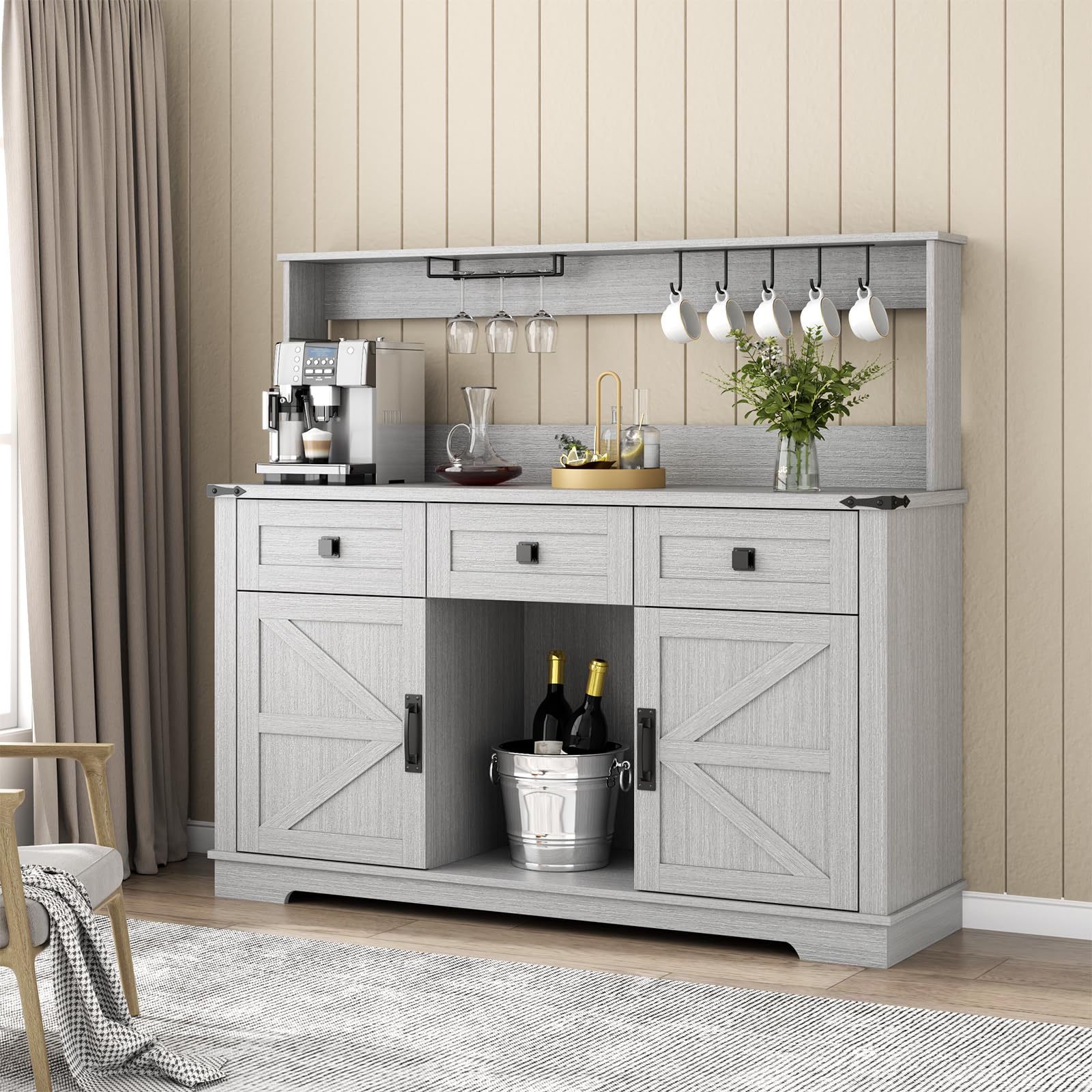 Farmhouse Bar Cabinet with Hutch - Kitchen Buffet Storage Cabinet with 3 Sliding Drawers, Adjustable Shelves & Goblet Holder - Grey - Perfect for Living Room, Dining Room, Home Bar & Entertaining