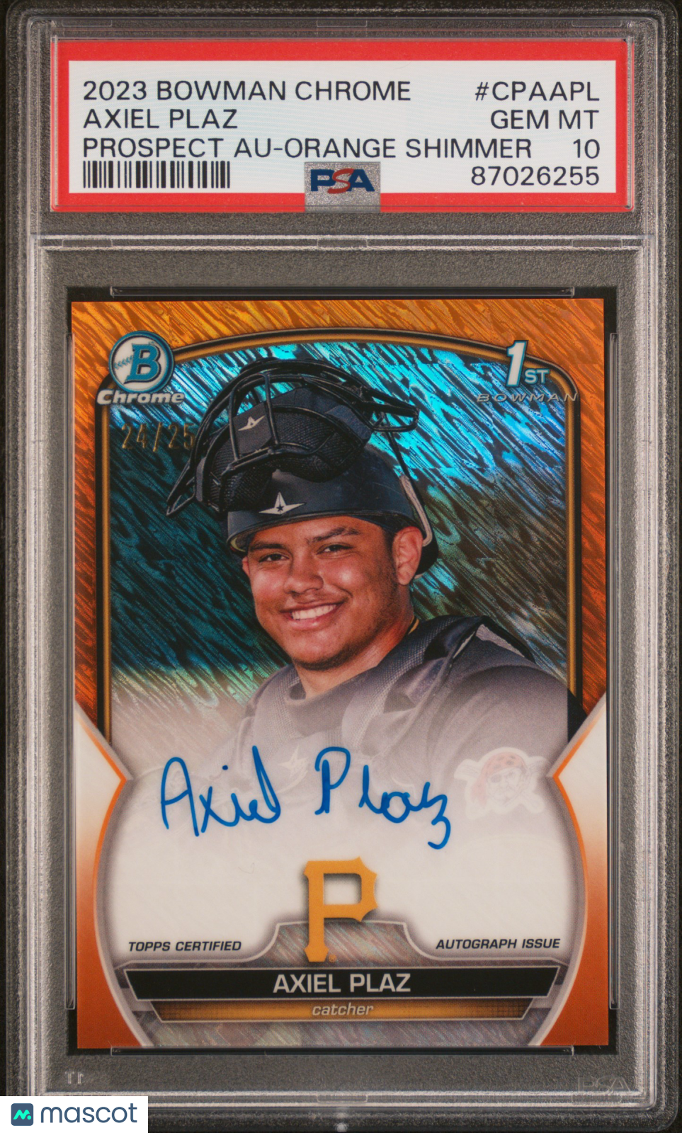 2023 Bowman Chrome Prospect PSA 10 Axiel Plaz Orange Shimmer Autograph 24/25 - Rare Baseball Trading Card for Collectors & Investors - Perfect for Sports Memorabilia Collections and Investment Portfolios
