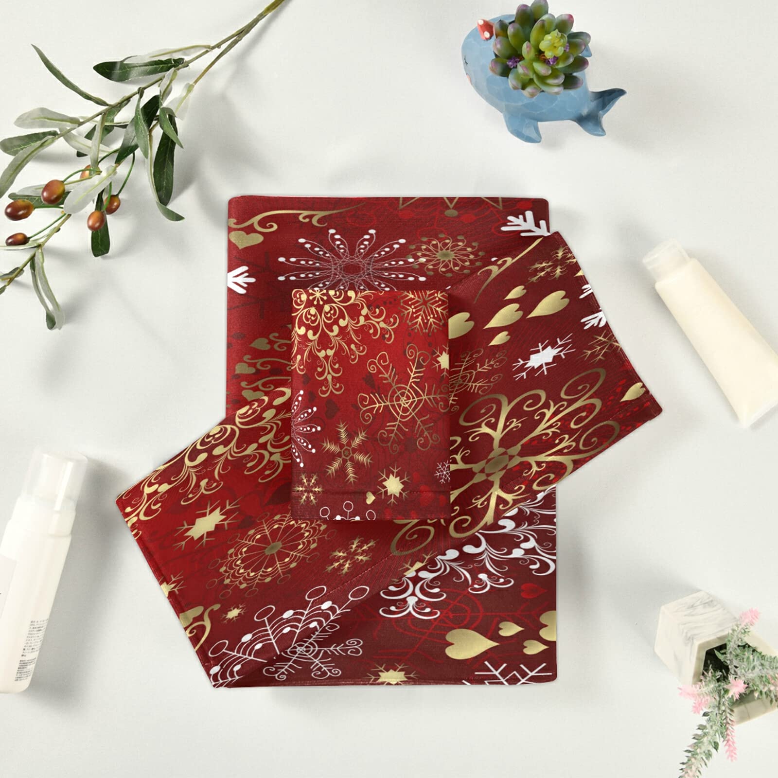 ALAZA Merry Christmas Gold Snowflake Red New Year Soft 3-Piece Bath Towel Set - 1 Bath Towel, 1 Hand Towel, 1 Washcloth for Bathroom, Spa & Hotel Luxury - Perfect for Holiday Decor & Gift Giving