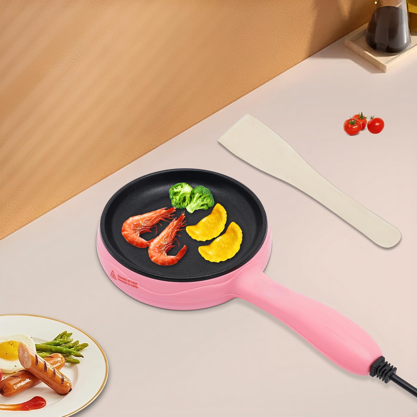 6-Inch Non-Stick Electric Skillet - Fast Heating Mini Round Griddle for Pancakes, Eggs, Cookies | Portable Cooking for Breakfast, Lunch & Snacks | Perfect for Dorms, Offices & Travel | Blue/Yellow/Pink (Pink)