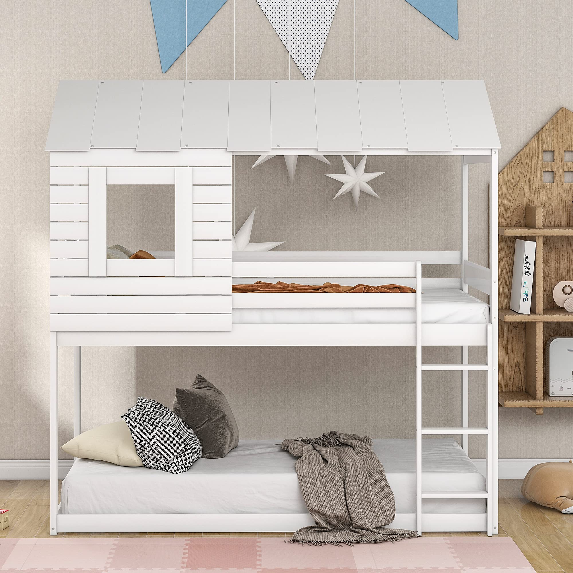 SIYAHOME White Wooden Twin Over Full Bunk Bed with Safety Guardrail & Sturdy Ladder - Space Saving Kids Bedroom Furniture for Small Rooms, Dormitories & Guest Rooms - No Box Spring Needed
