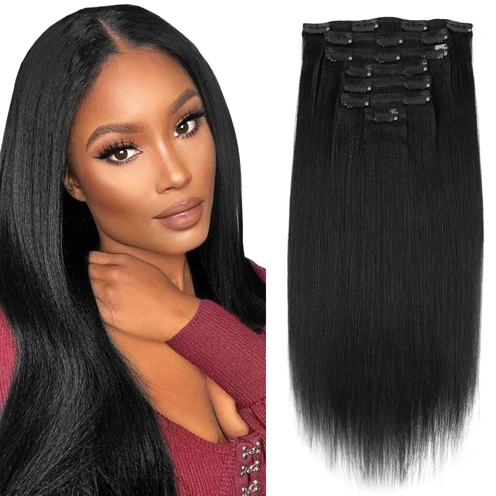 Sassina 22 Inch Yaki Clip-in Human Hair Extensions - Double Weft Remy Straight Hair for Black Women - 7 Pieces with 17 Clips (120g, Jet Black #1) - Perfect for Daily Styling, Parties & Special Occasions
