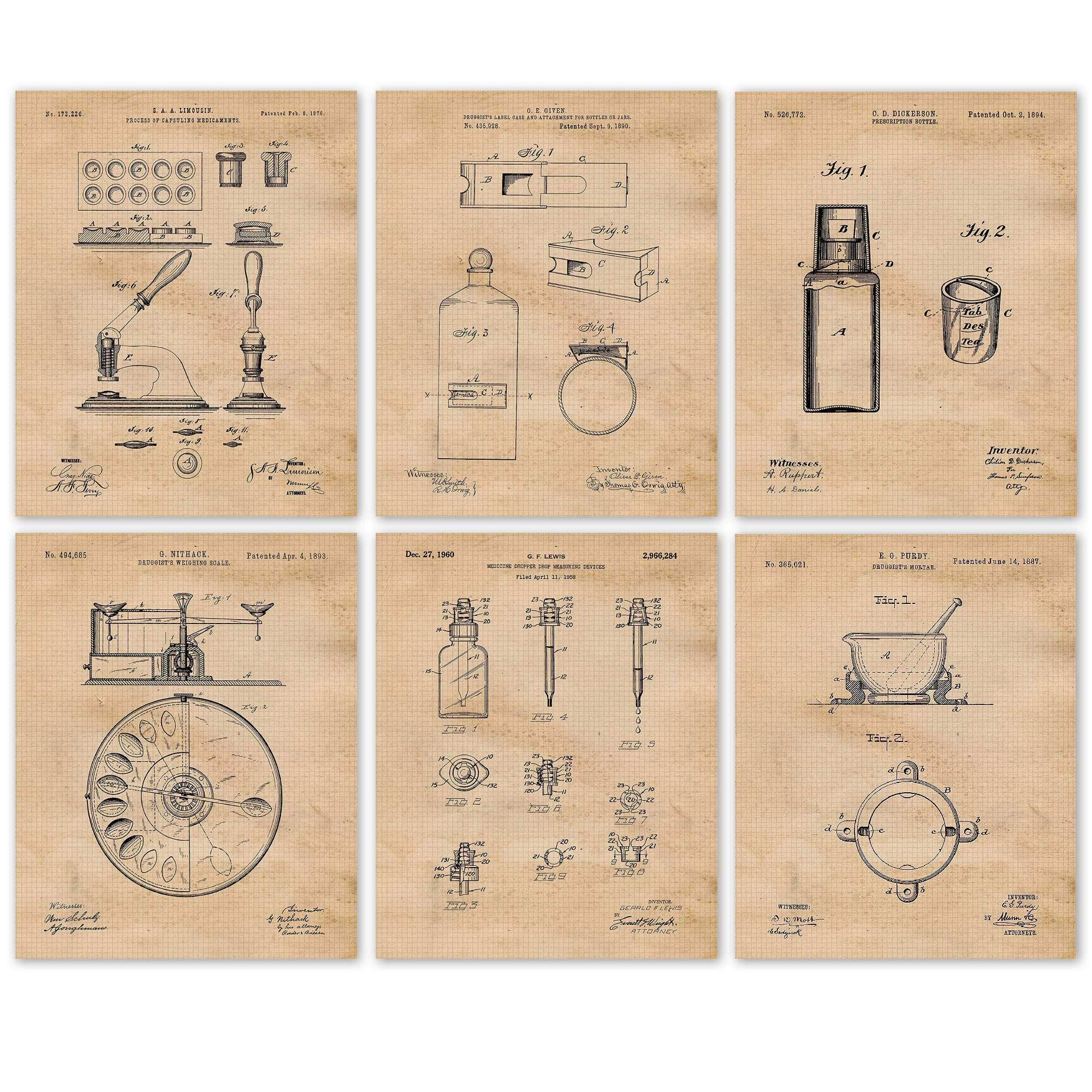 Vintage Pharmacy Patent Prints - Set of 6 (8x10) Unframed Wall Art Decor | Perfect for Home, Office, Studio, Classroom & Man Cave | Unique Gift for Doctors, Nurses, Teachers & Science Lovers | Ideal for Medical Offices, Schools & Home Decor