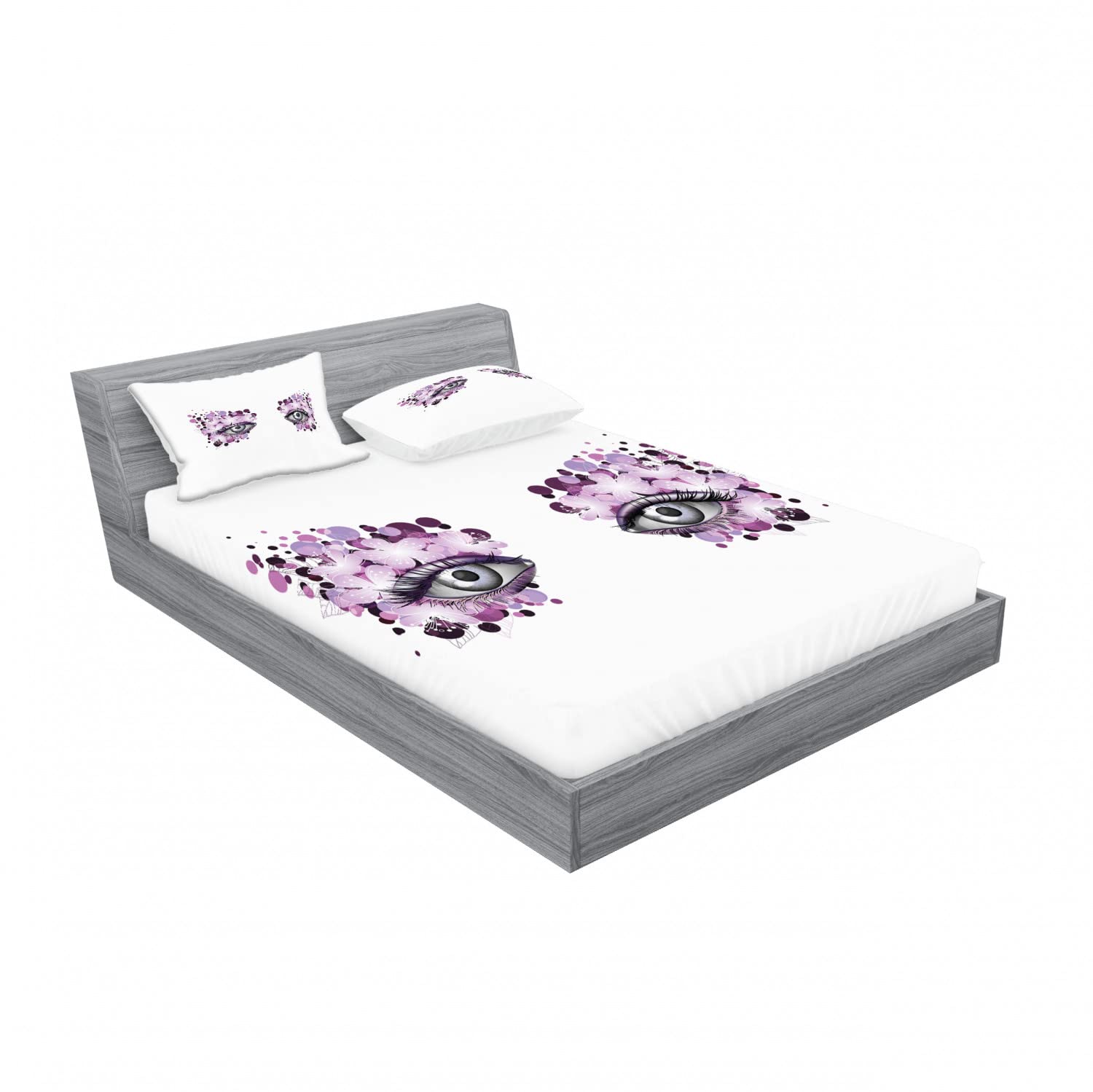 Ambesonne 2-Pack Full Size Fitted Sheet & Pillow Sham Set - Fantasy Blossom Floral Design, 4-Piece Bedding Set (2 Fitted Sheets + 4 Pillow Covers) in Violet Lilac Grey | Soft Microfiber Sheets for Bedroom Decor, Guest Room & Dorm Essentials | Wrinkle-Resistant & Easy Care