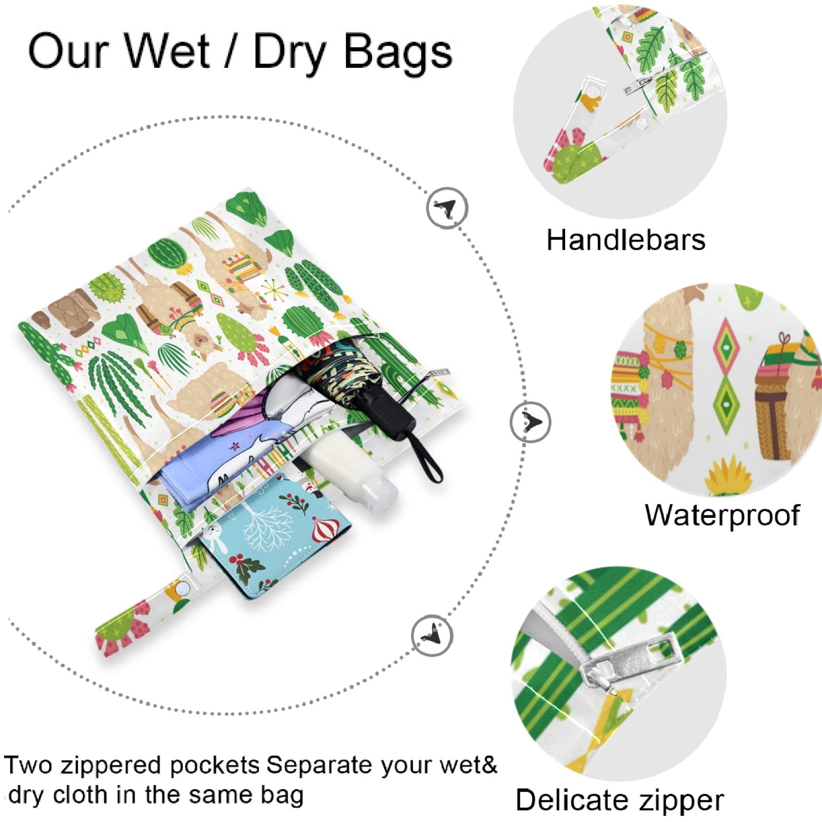 Visesunny 2-Pack Cute Llama Cactus Wet Bags with Zippered Pockets | Reusable Washable Waterproof Storage Pouch for Travel, Beach, Pool, Gym | Perfect for Diapers, Swimsuits, Toiletries & Dirty Clothes | Daycare, Stroller & Sports Essentials