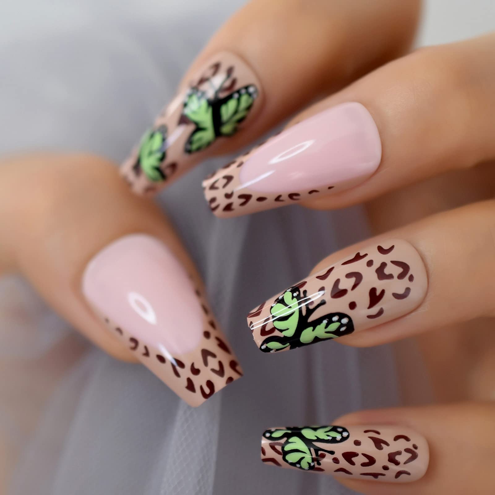 Trendy Green Butterfly French Press False Nails - Glossy Brown Leopard & Pink Ballerina Coffin Fake Nails | Long Lasting Press-On Nails for Parties, Weddings & Special Occasions